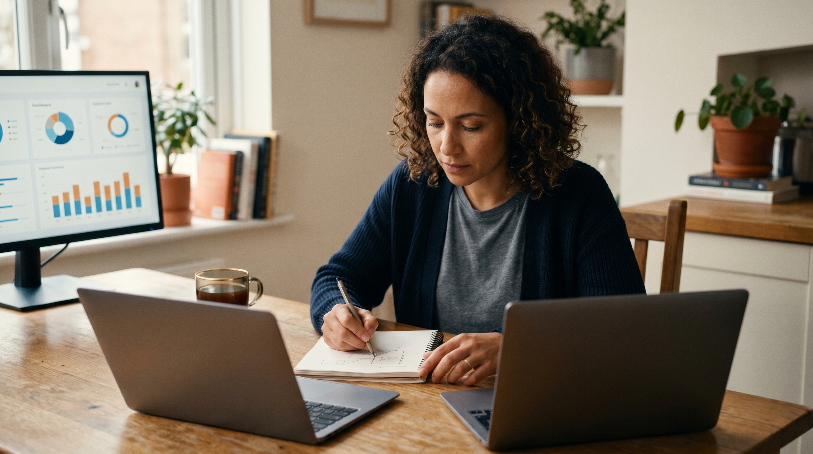 Small business owner comparing two laptops on a kitchen table while sketching plans in a notebook