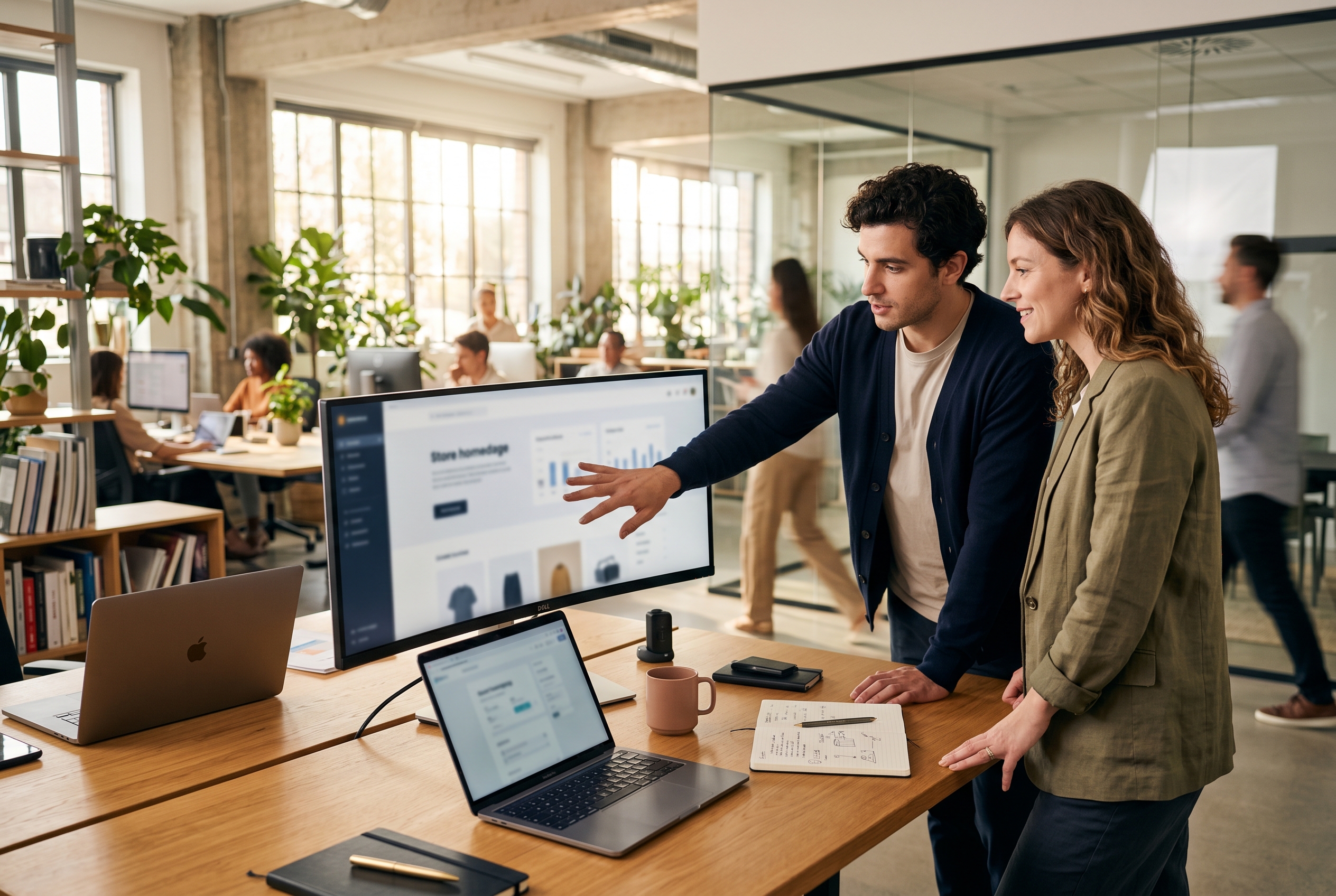 Two people pointing at a store homepage on a wide monitor in a bright modern office during the afternoon