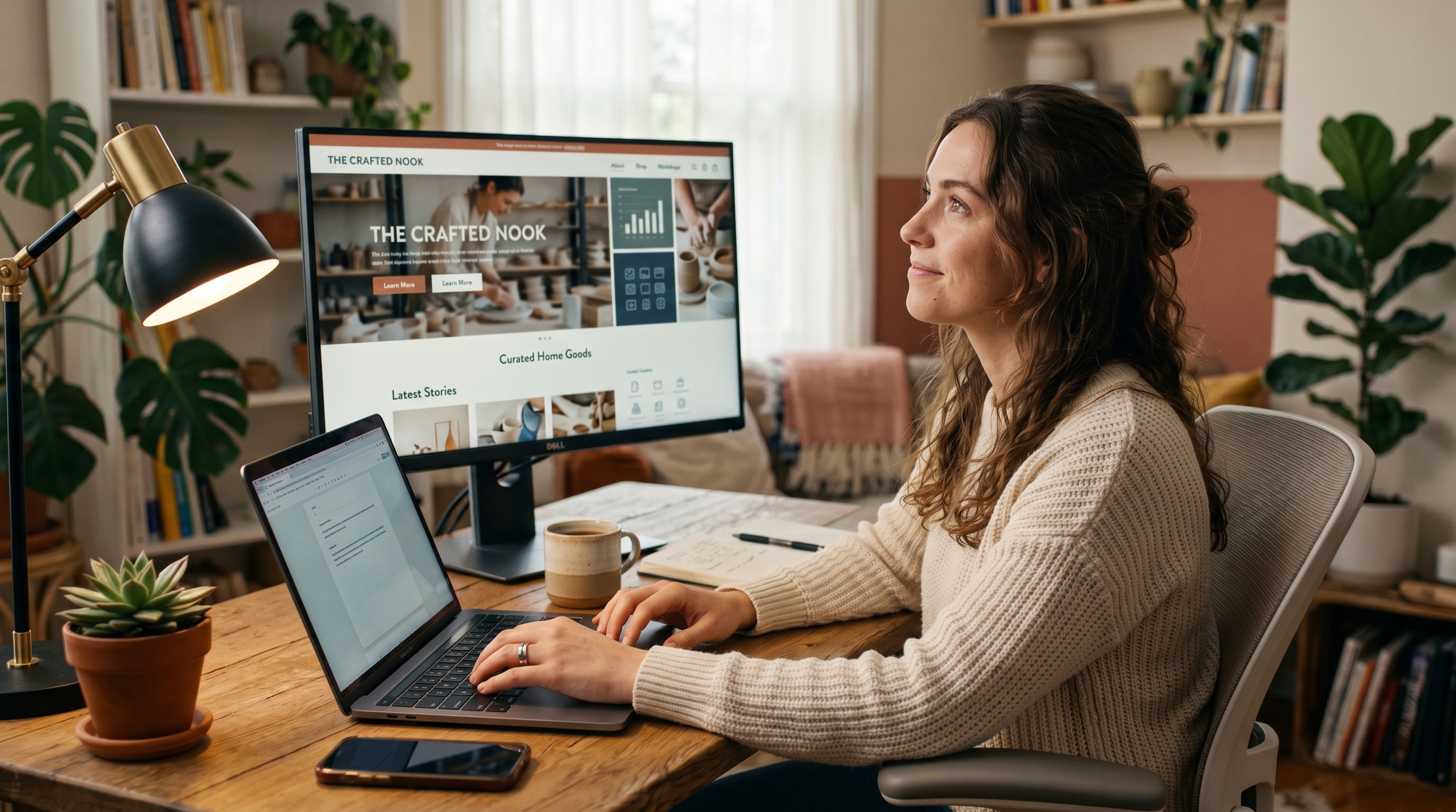 Entrepreneur typing a business description into a laptop and watching a complete website appear on screen