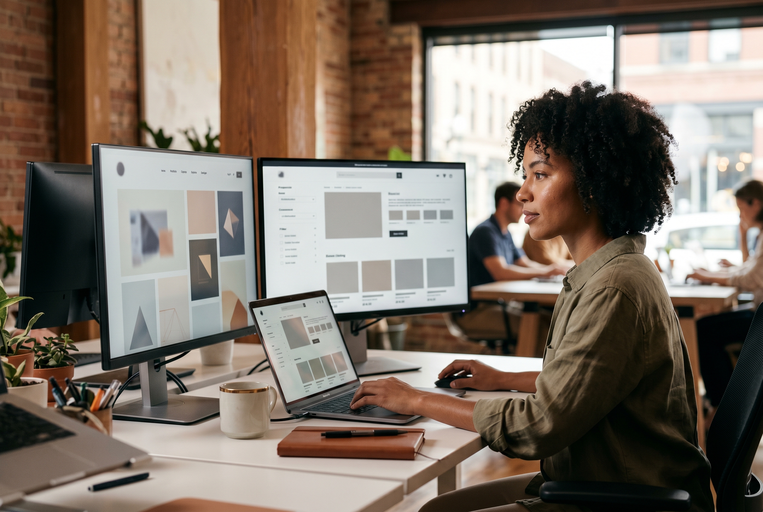Split screen showing a simple AI-generated portfolio site on the left and a full e-commerce store with product pages on the right
