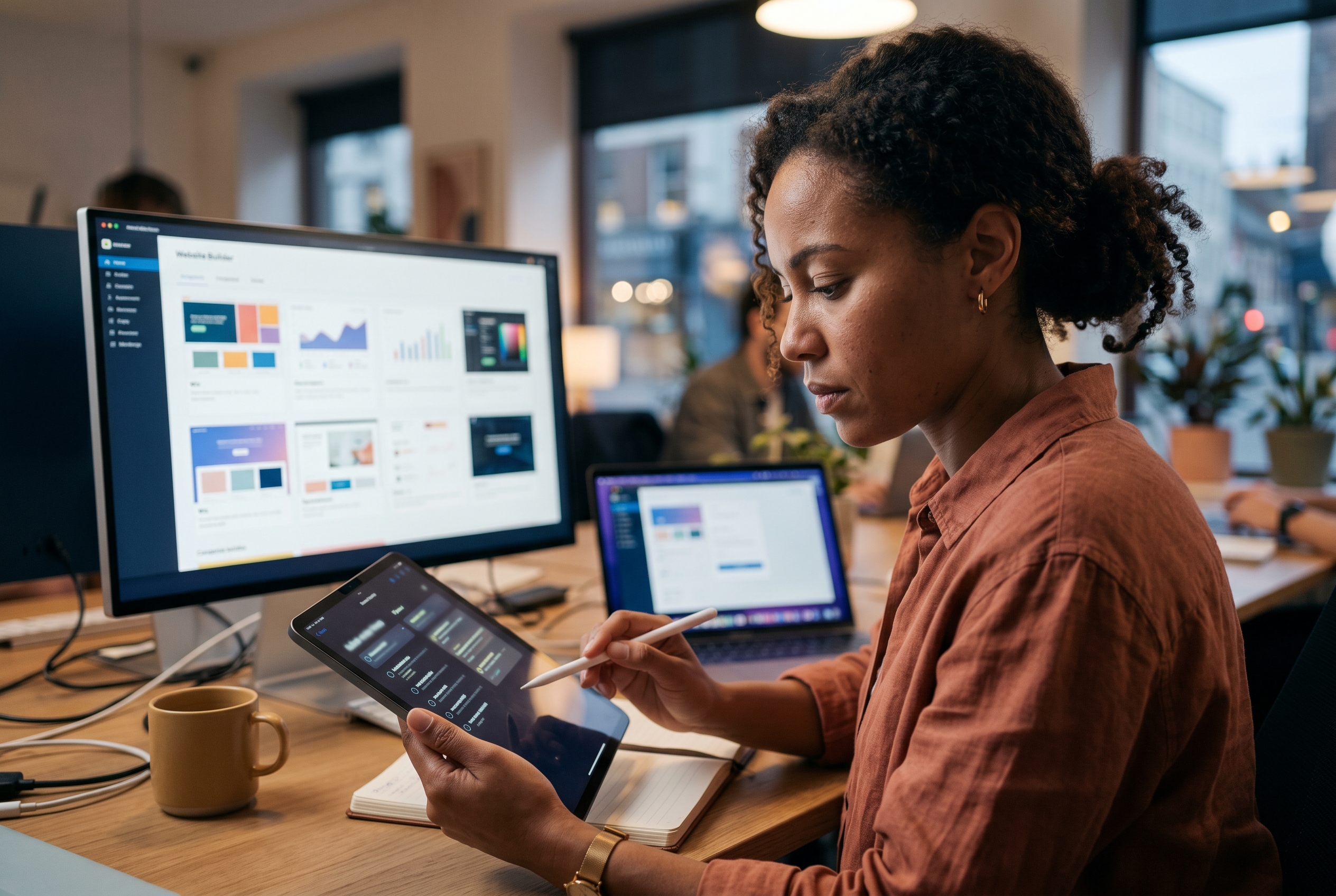 Business owner reviewing a checklist on a tablet while evaluating different website builder options on a desktop monitor