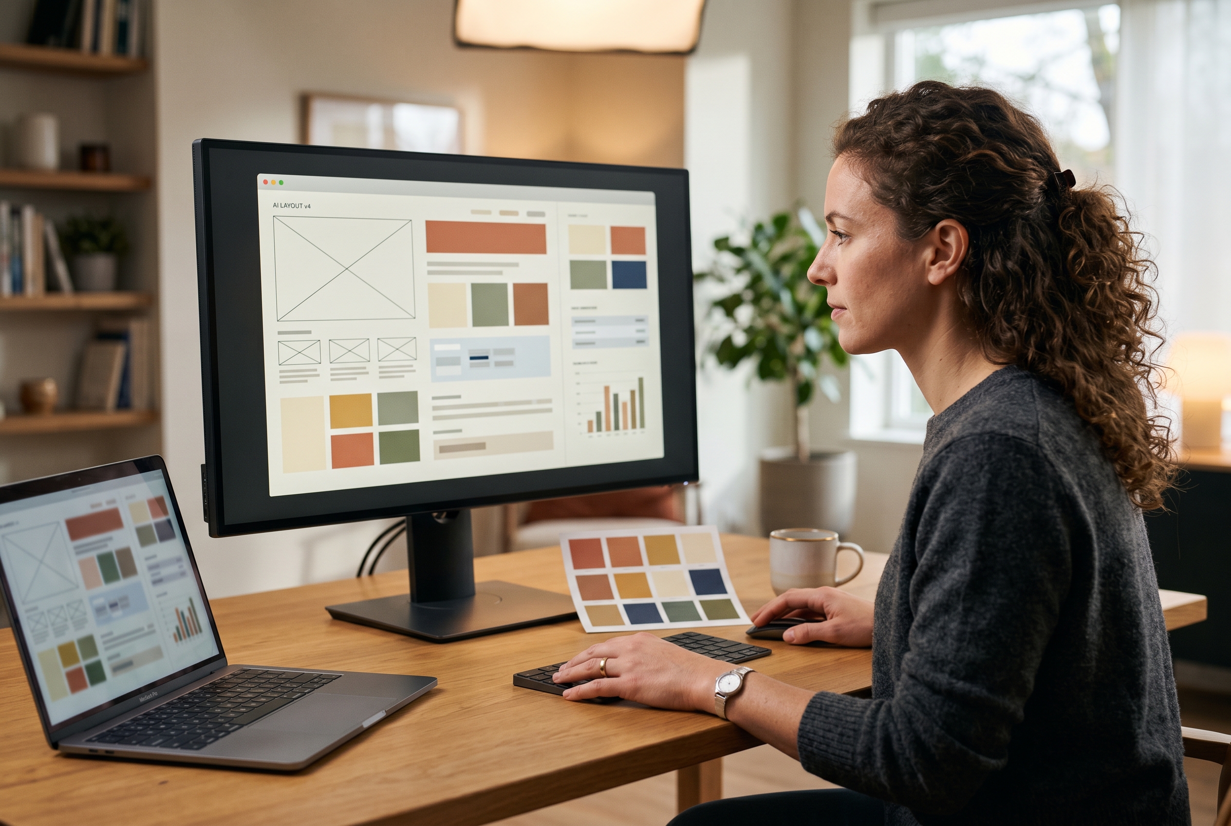Designer making final adjustments to an AI-generated website layout on a large monitor with color swatches nearby