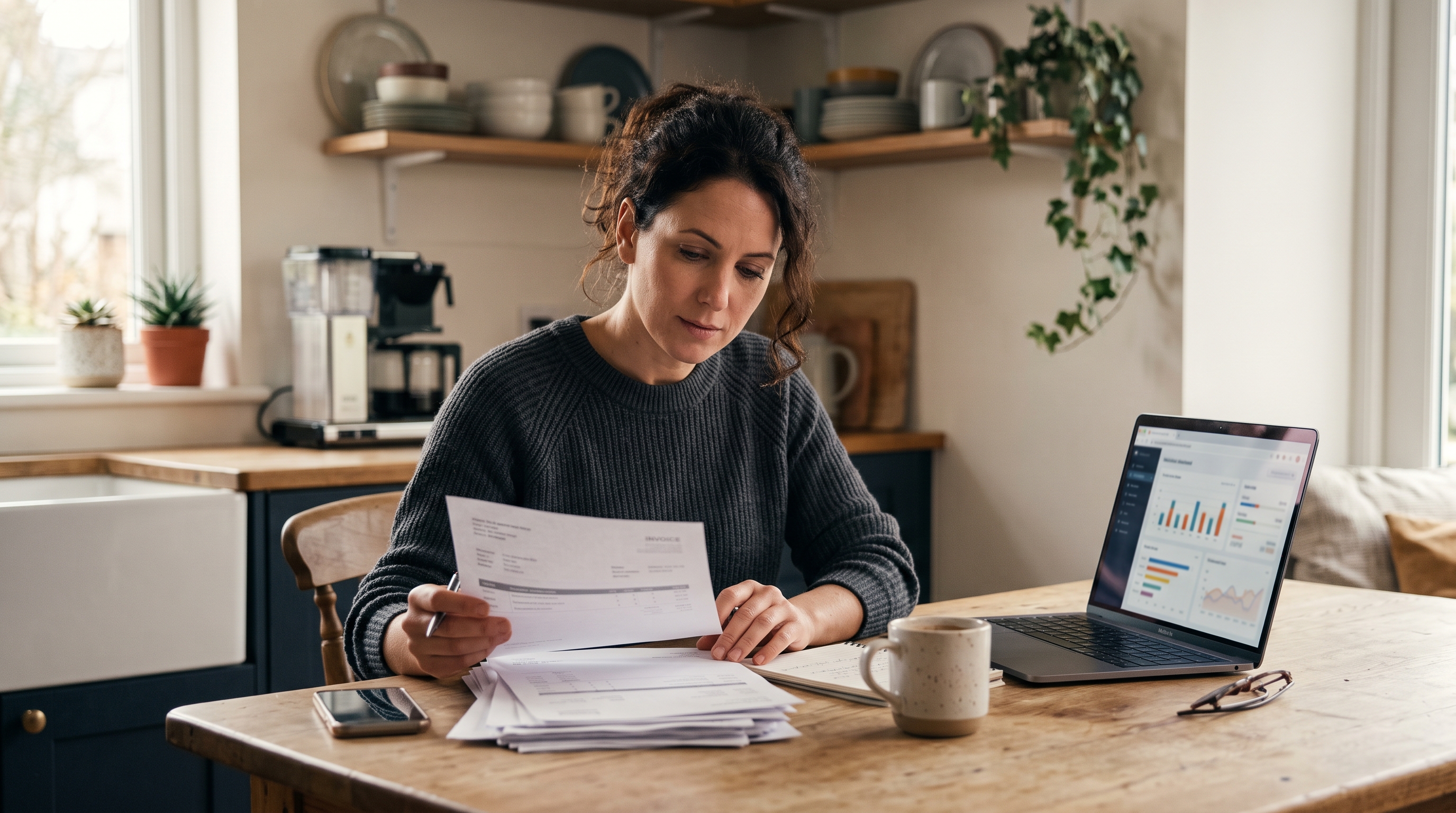 Small business owner reviewing a stack of subscription invoices at a kitchen table with an open laptop and coffee