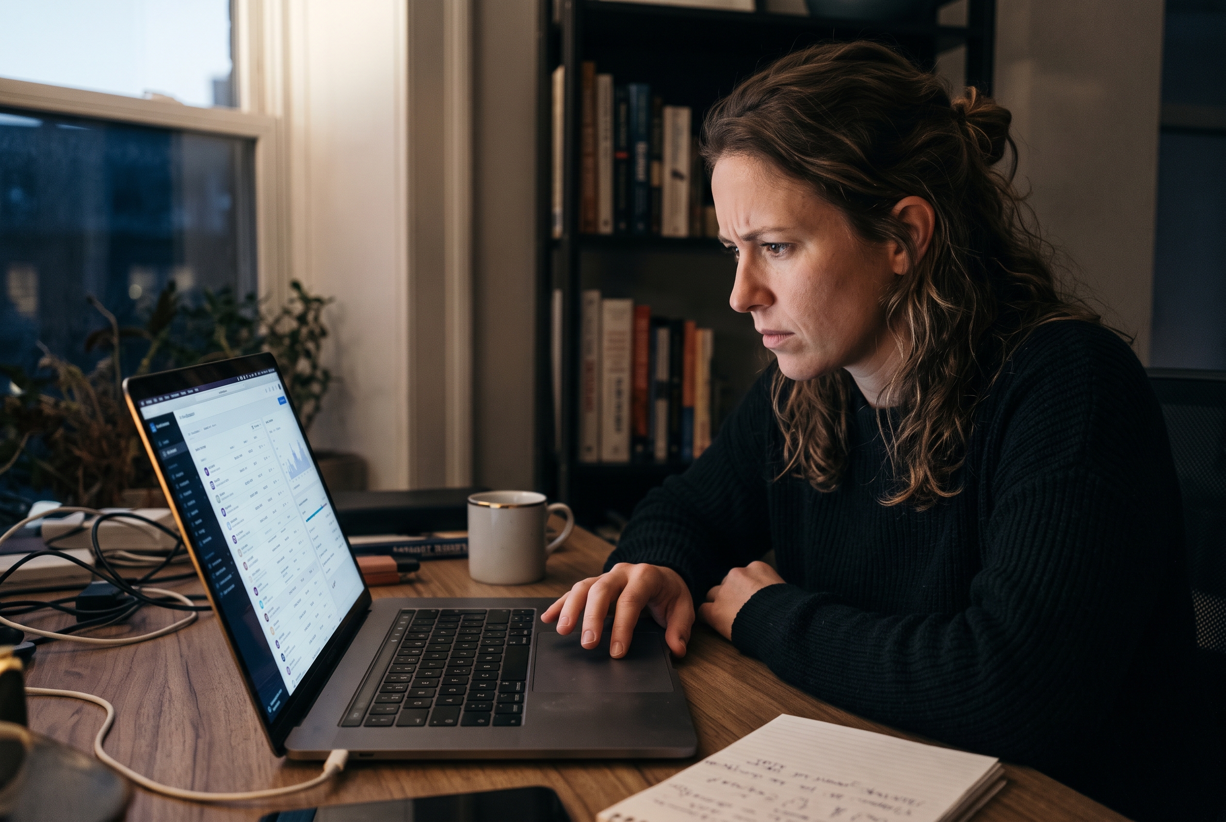Founder frowning at a laptop screen showing a long list of installed apps in a store admin dashboard at night