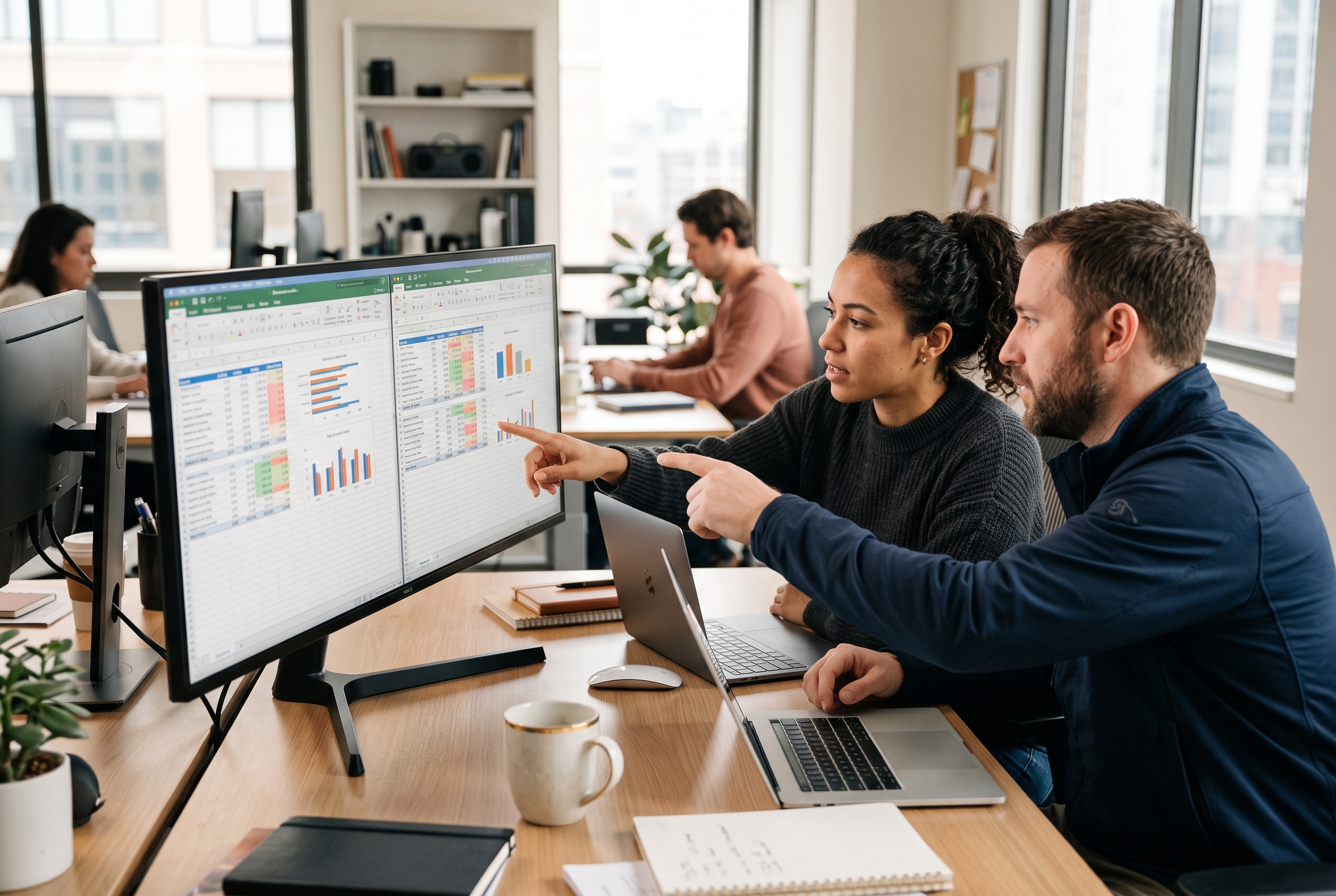 Two people comparing two pricing spreadsheets side by side on a wide monitor in a bright office