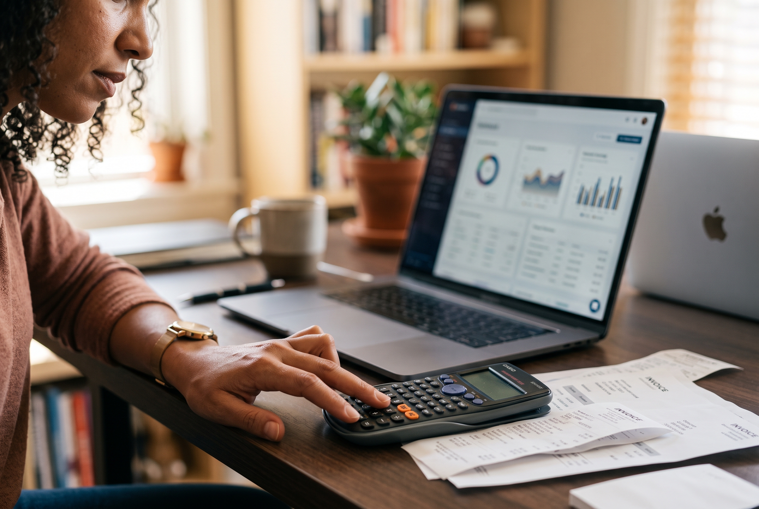 Store owner adding up subscription costs on a calculator next to printed invoices and a laptop in a home office