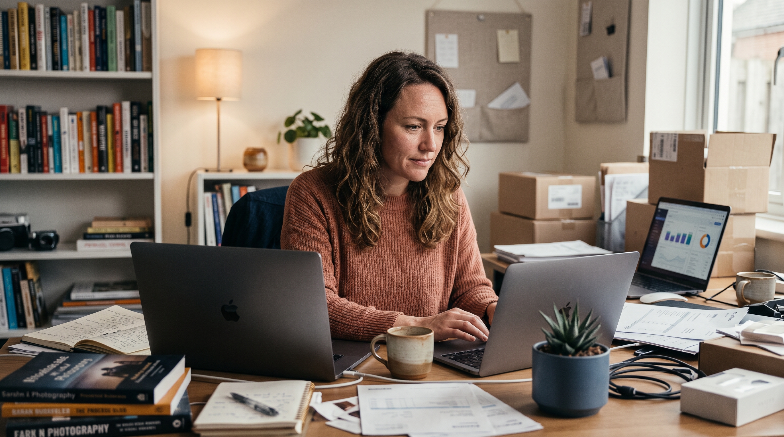 Small business owner surrounded by open laptops comparing two ecommerce dashboards at a cluttered home office desk
