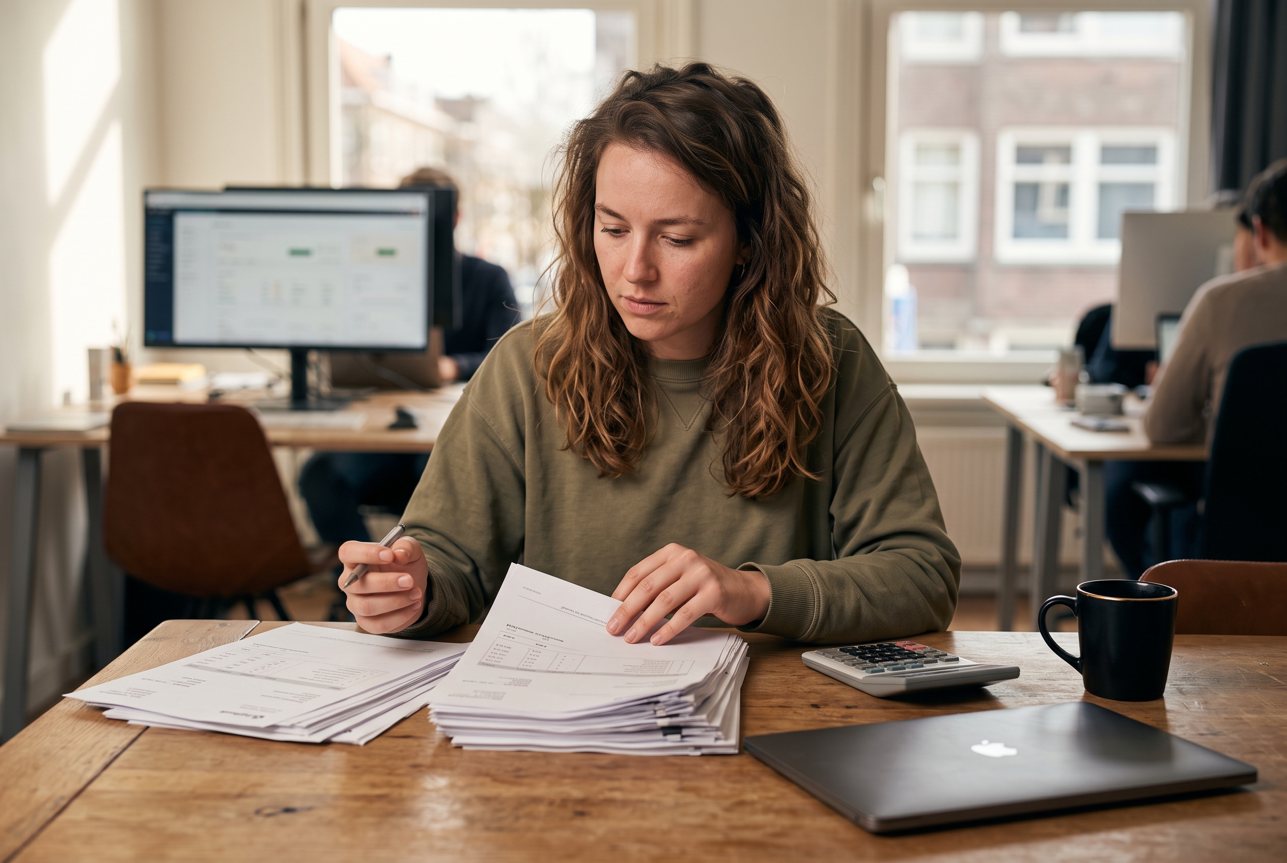 Founder reviewing a stack of subscription invoices spread across a wooden kitchen table with a calculator and coffee