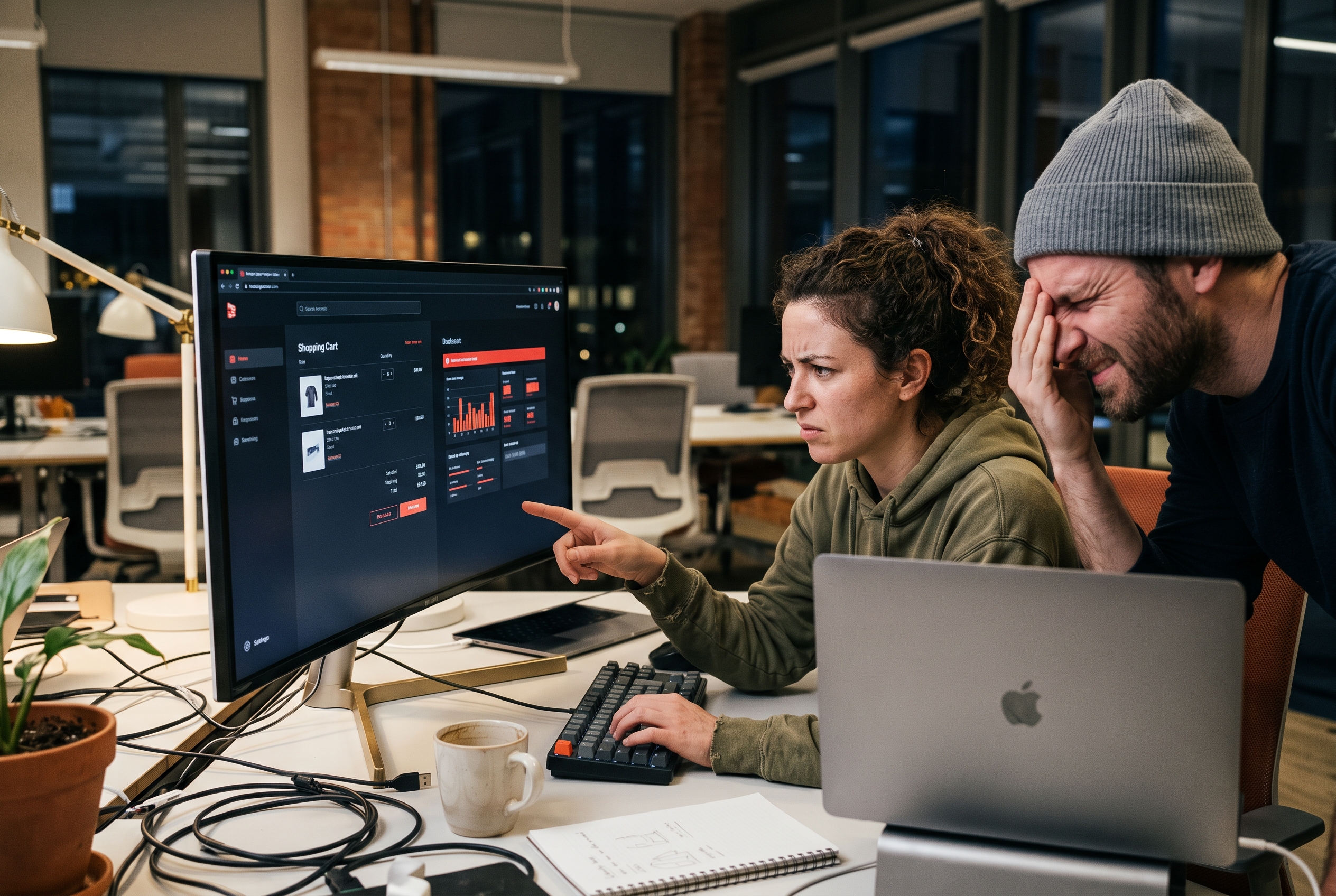 Two developers frowning at an error message on a wide monitor while debugging a shopping cart page in a dim office