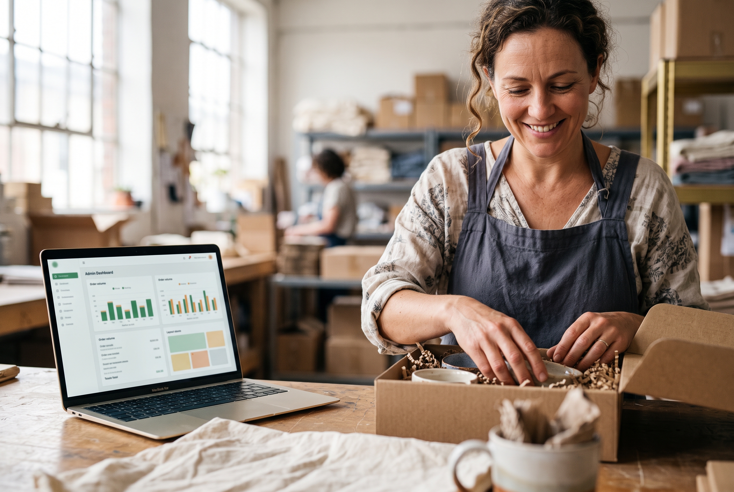 Store owner smiling while packing orders in a bright warehouse with a single laptop showing a clean dashboard nearby