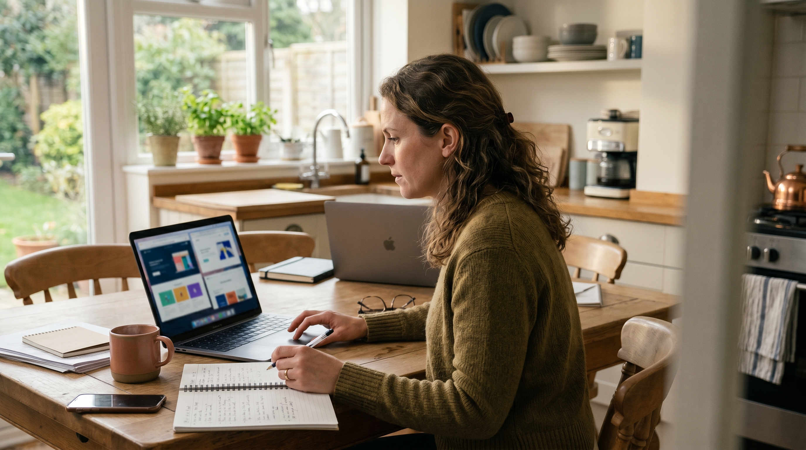 Small business owner sitting at a kitchen table comparing website builder options on a laptop with a notebook and coffee