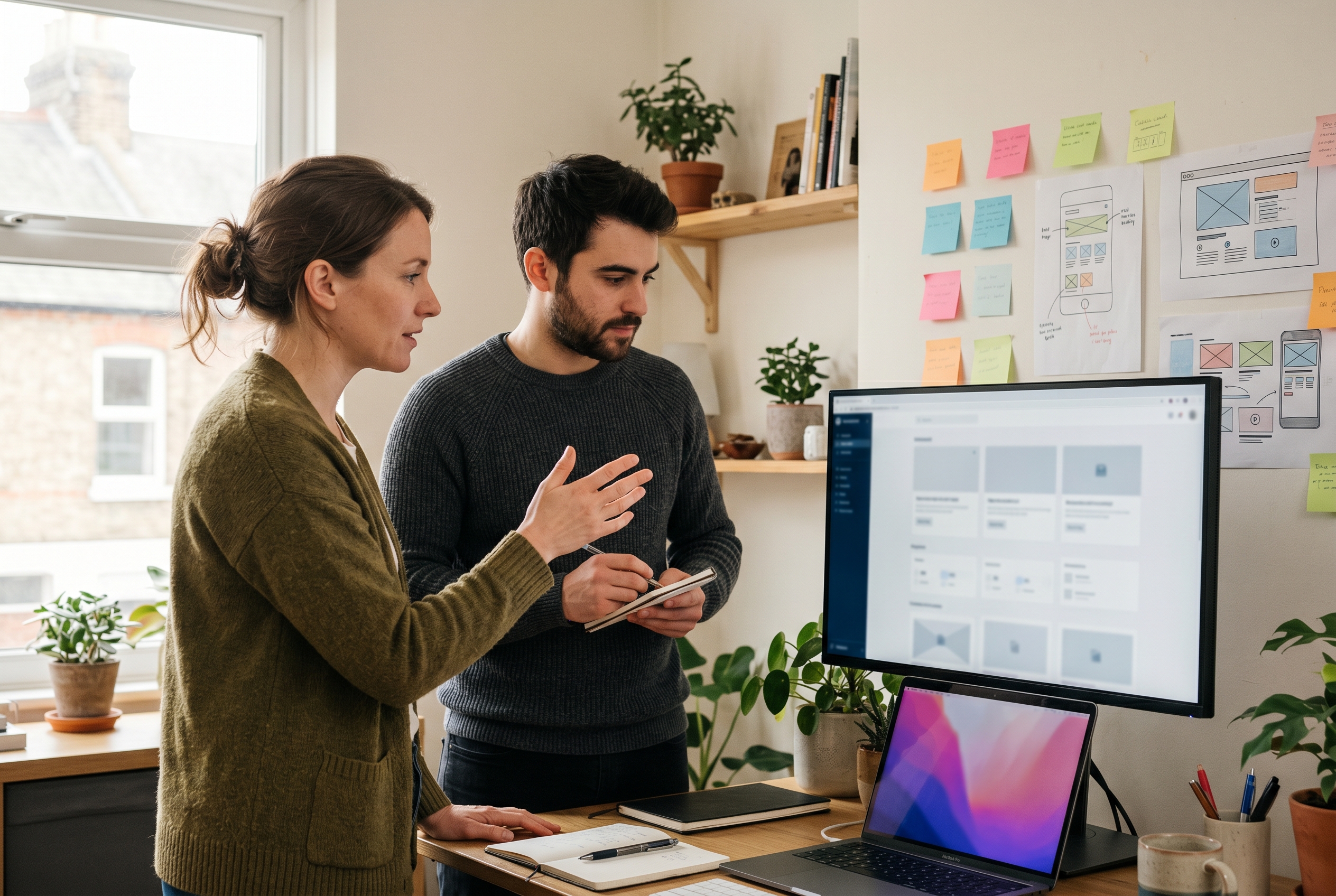 Two people reviewing a website layout on a large monitor in a bright home office with sticky notes on the wall