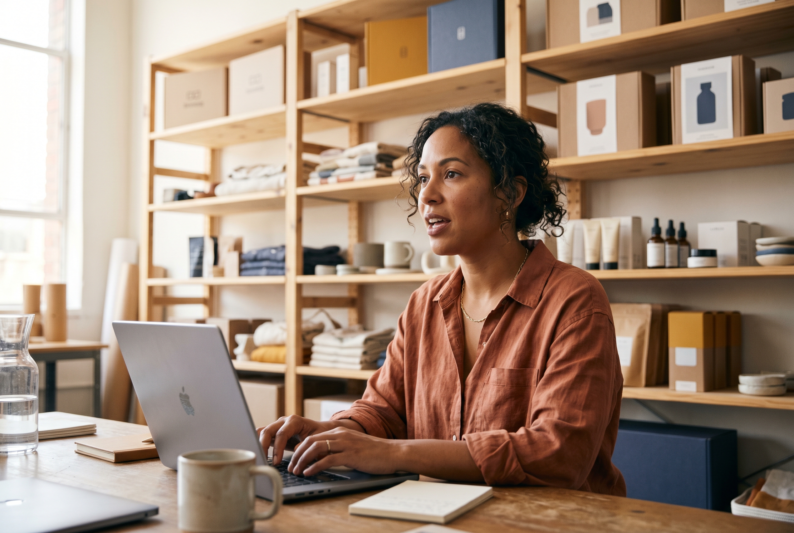 Founder describing her store idea out loud while typing into a laptop in a tidy product studio with shelves of inventory behind her
