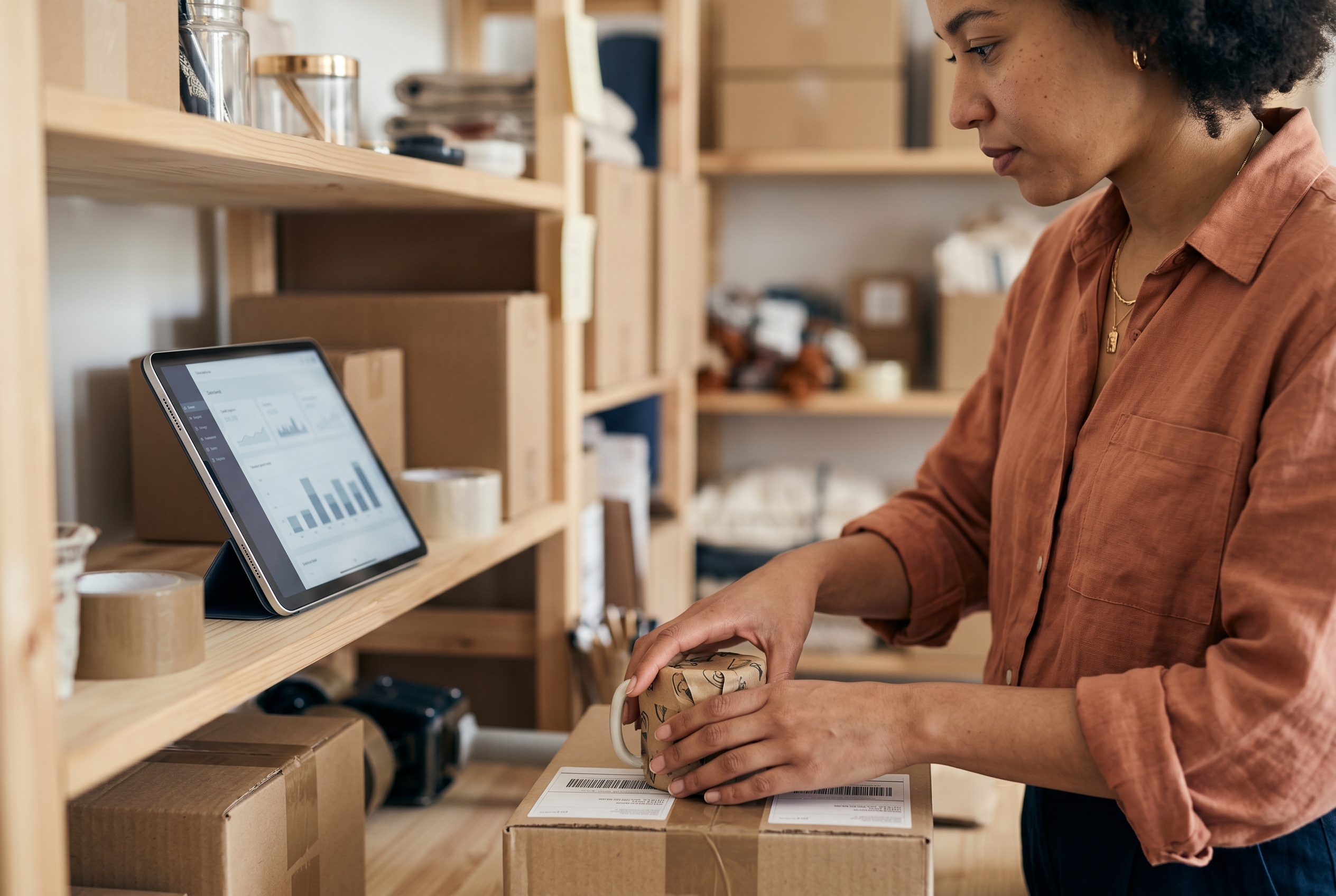 Online store owner packing orders into shipping boxes while checking sales on a tablet propped against a shelf
