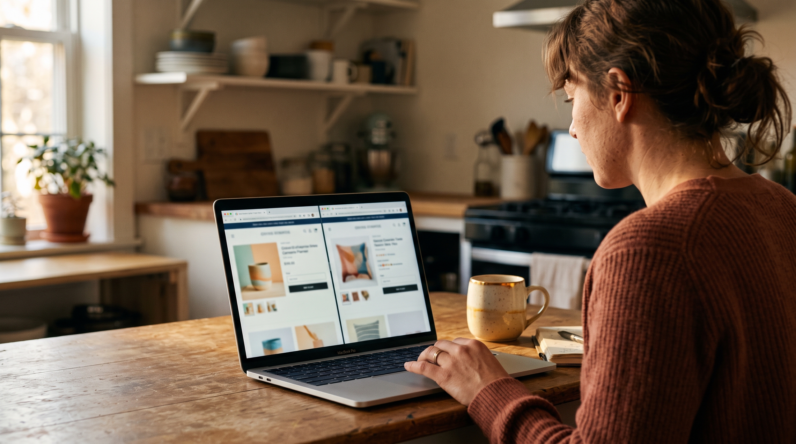 Person at a kitchen table comparing two ecommerce store listings on a laptop with a coffee mug nearby