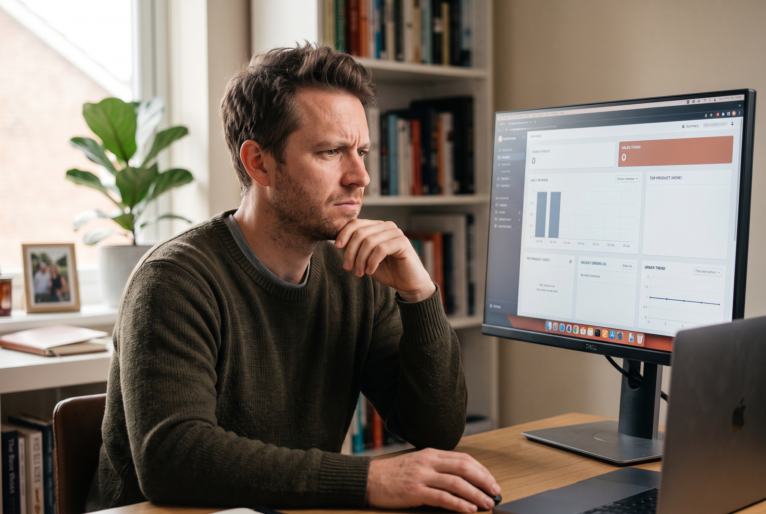 Small business owner frowning at a store dashboard showing zero sales on a monitor in a home office