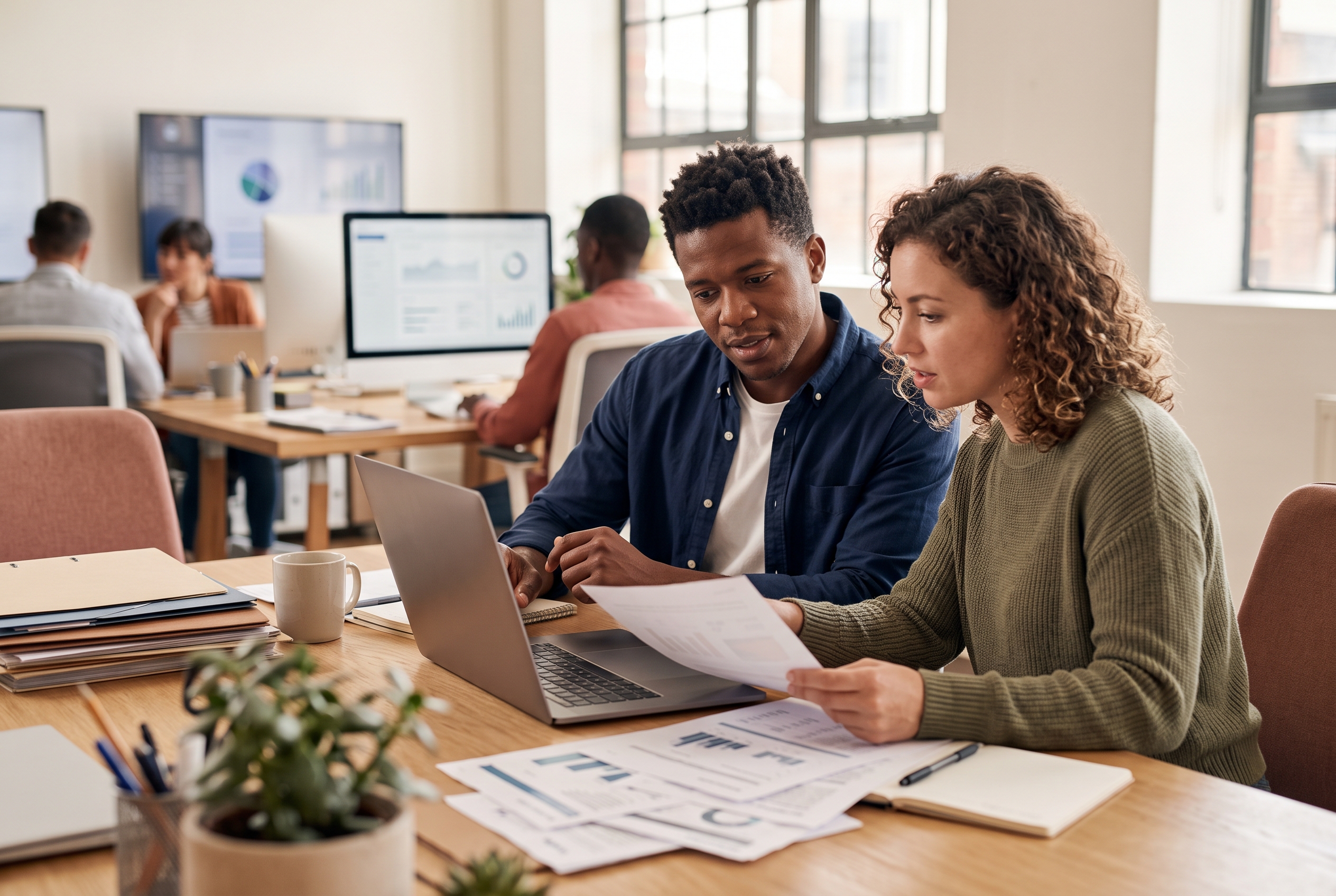 Two people reviewing printed financial documents and a laptop screen together at a bright office desk