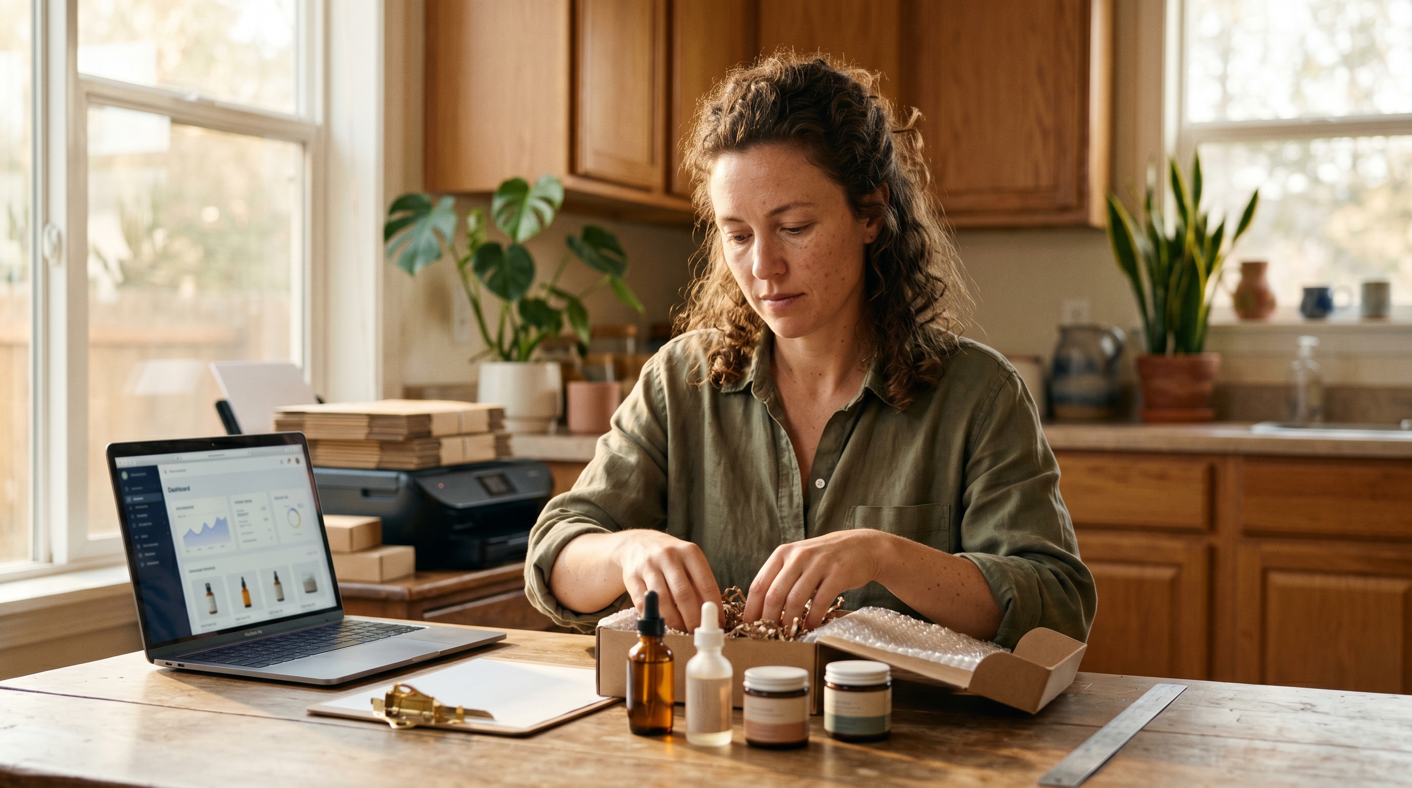 Indie beauty founder packing skincare orders at a sunlit kitchen table with a laptop showing her storefront