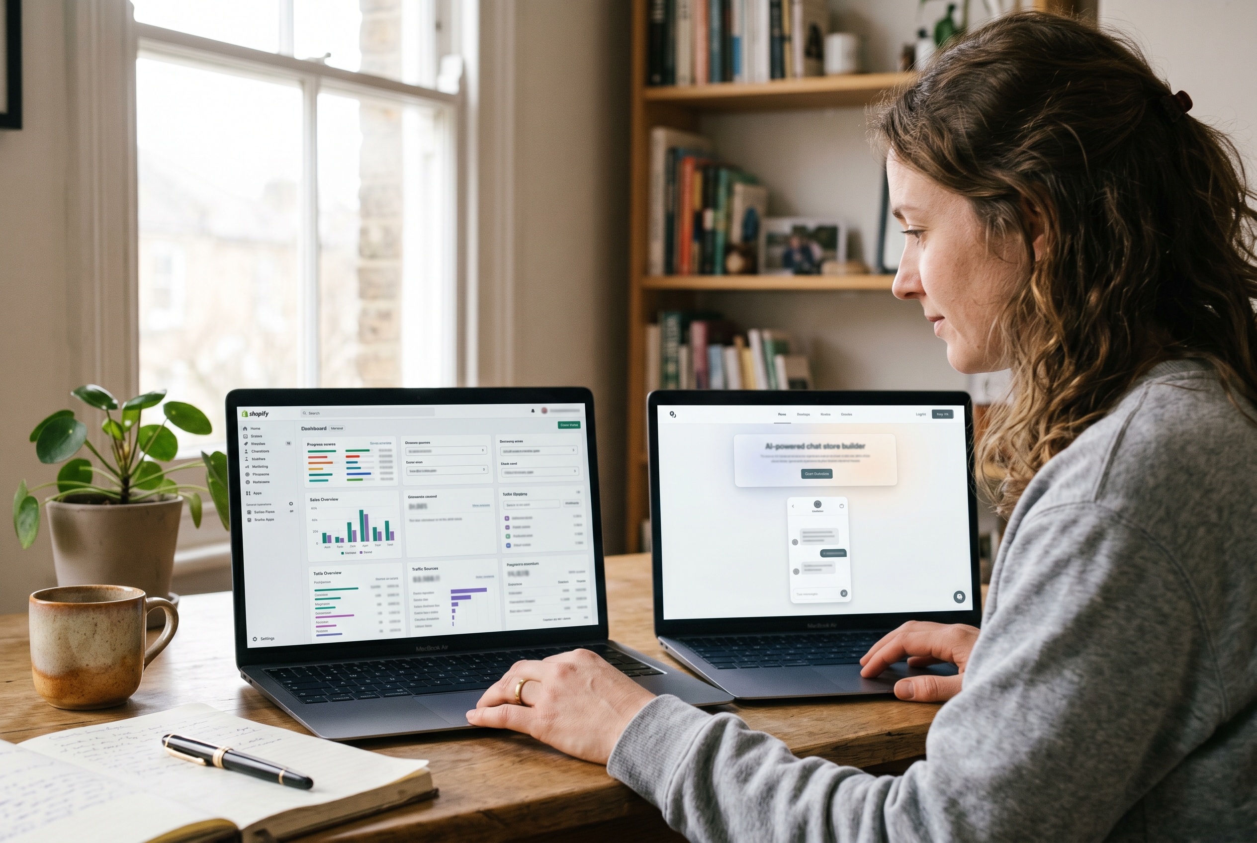 Side by side laptop screens comparing a cluttered Shopify app dashboard with a clean AI chat store builder