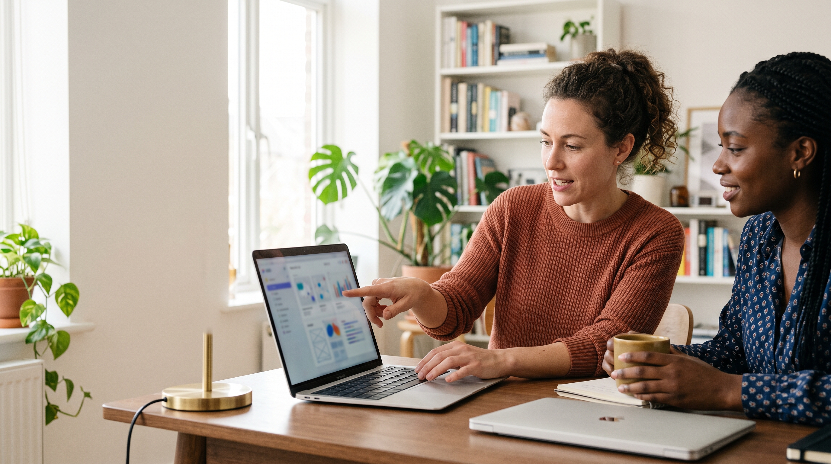 Small business owner describing her product idea to a colleague while pointing at a laptop screen in a bright home office