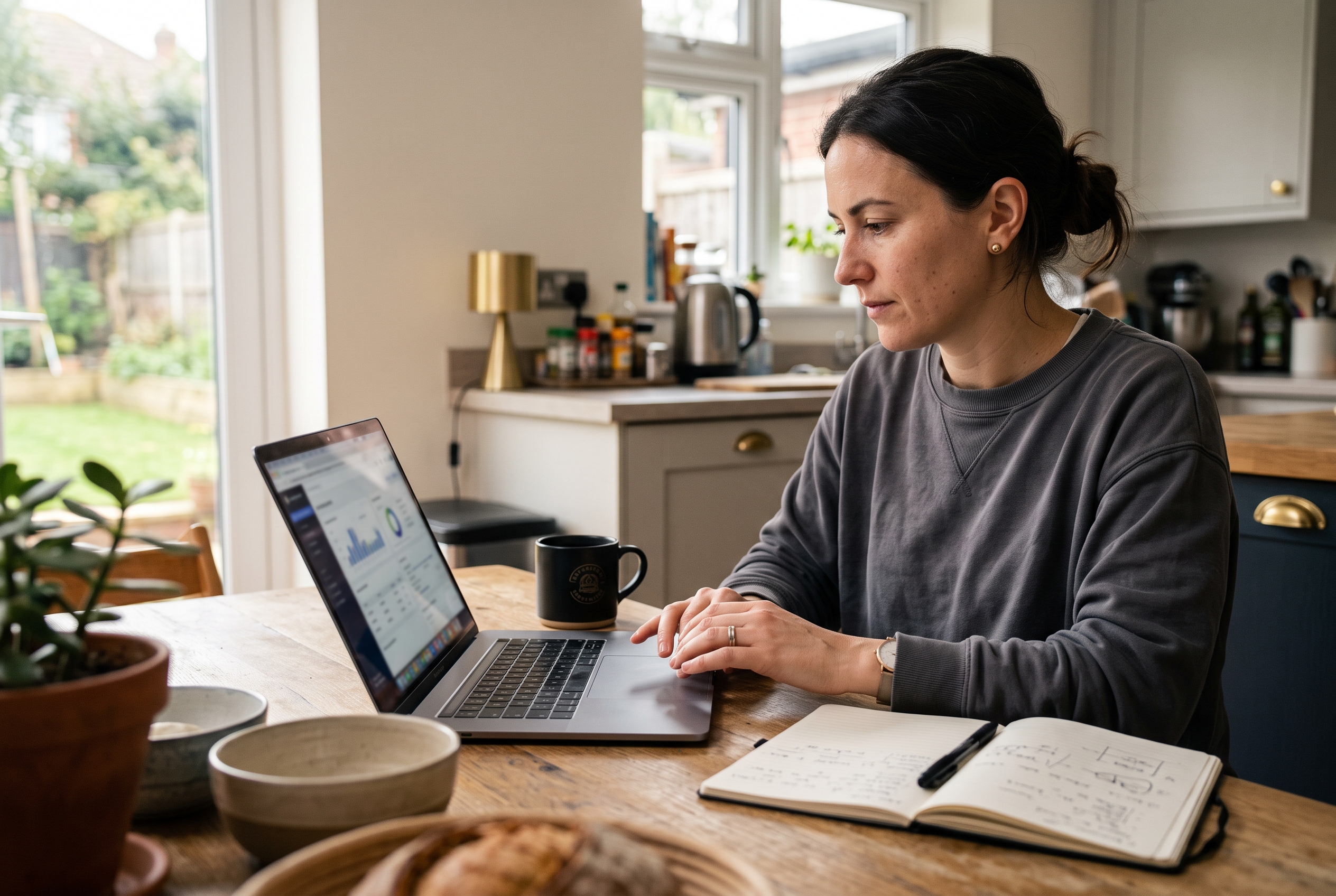Founder reviewing monthly software invoices on a laptop at a kitchen table with a coffee mug and notebook nearby
