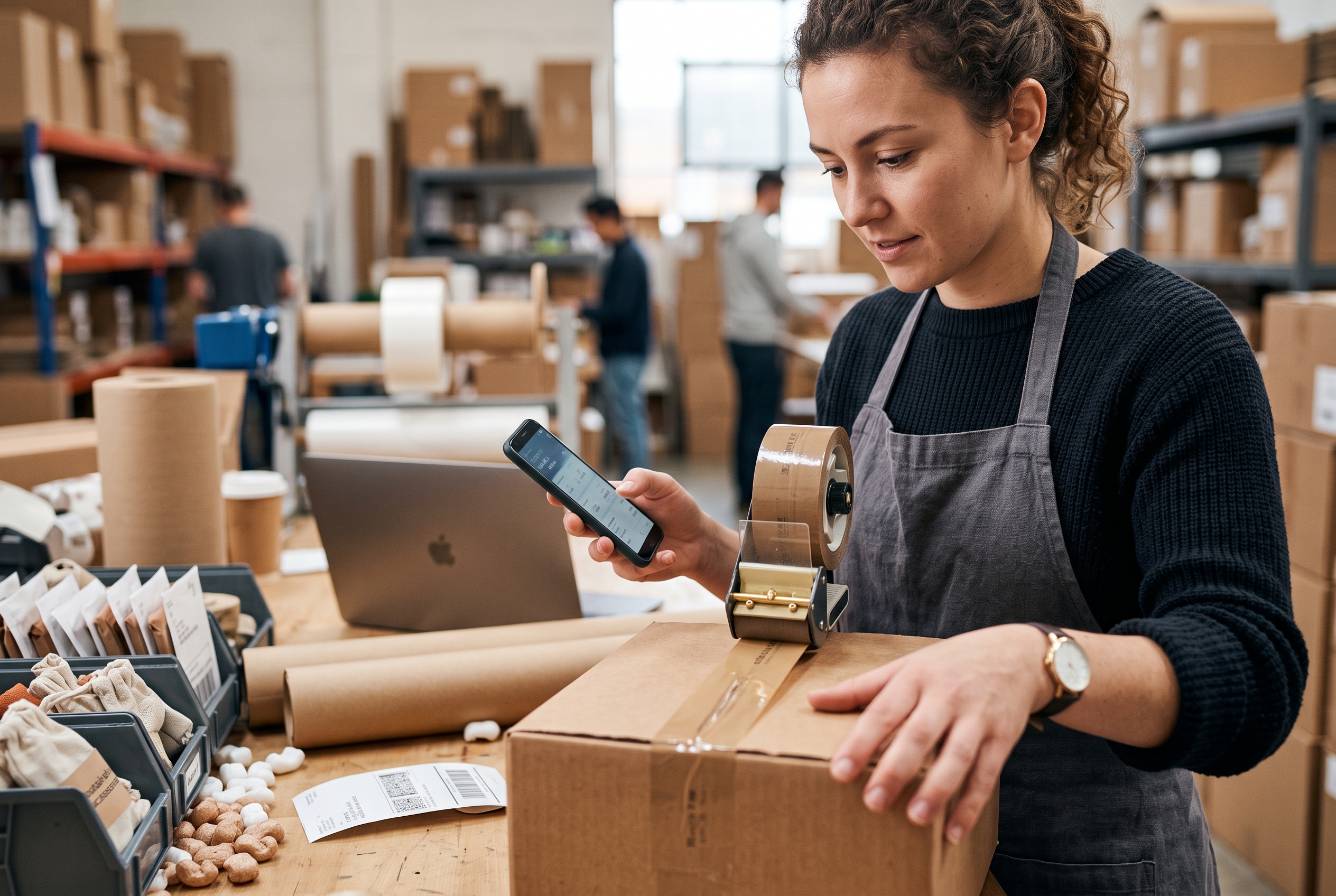 Entrepreneur packing customer orders into shipping boxes on a warehouse workbench while checking a phone for new sales