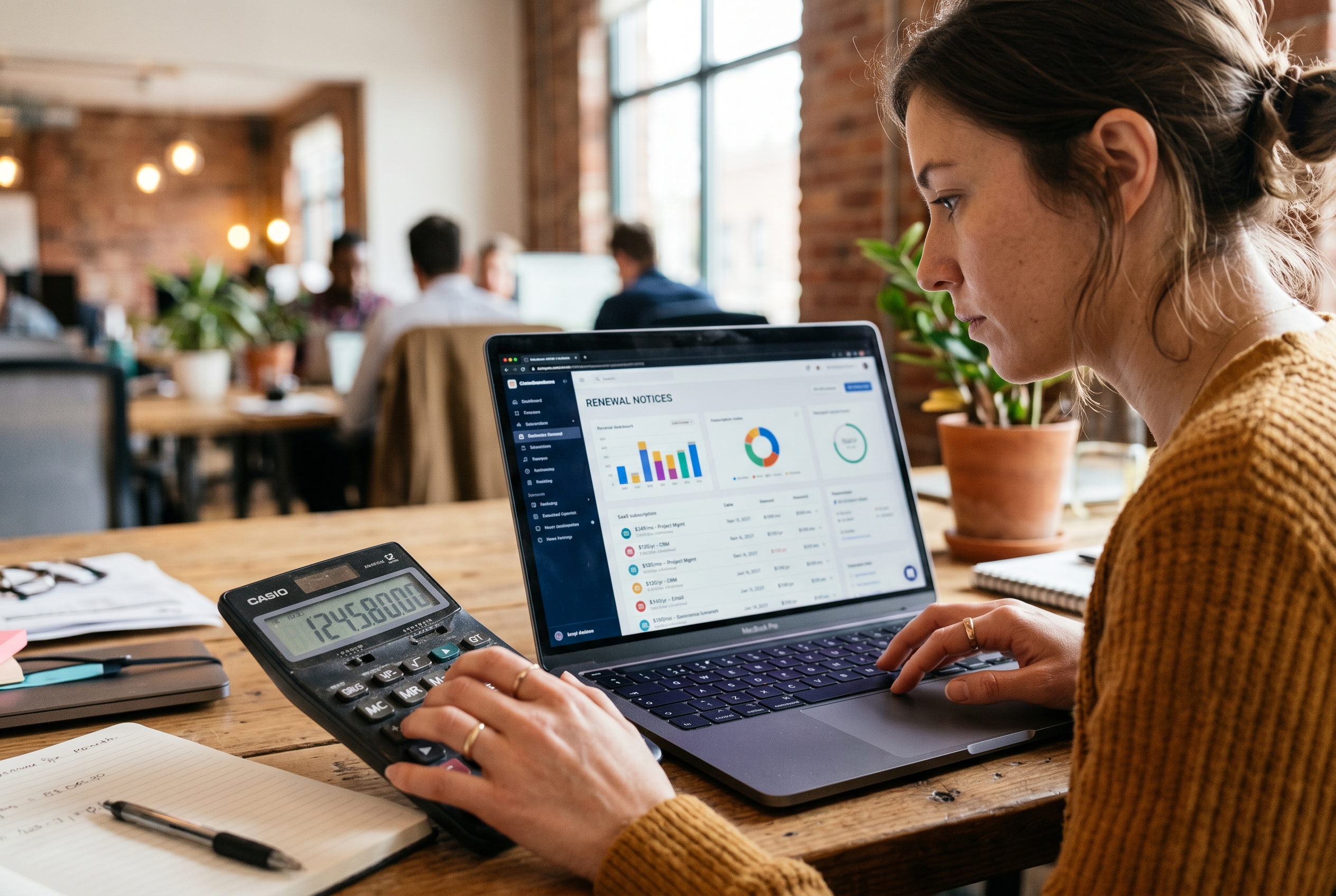 Business owner calculating hidden costs on a calculator next to a laptop showing subscription renewal notices