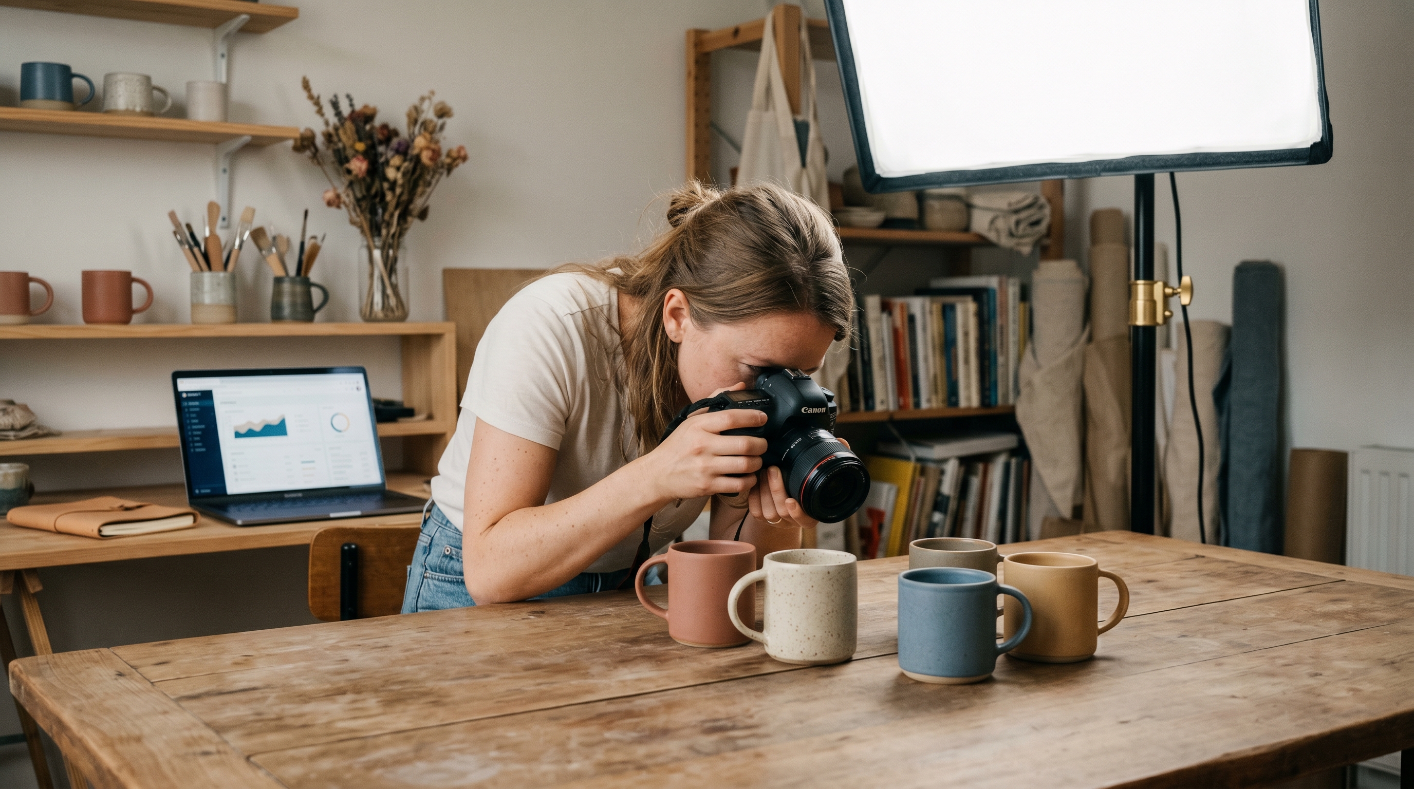 Small business owner photographing handmade ceramic mugs on a wooden table under a softbox light in a home studio