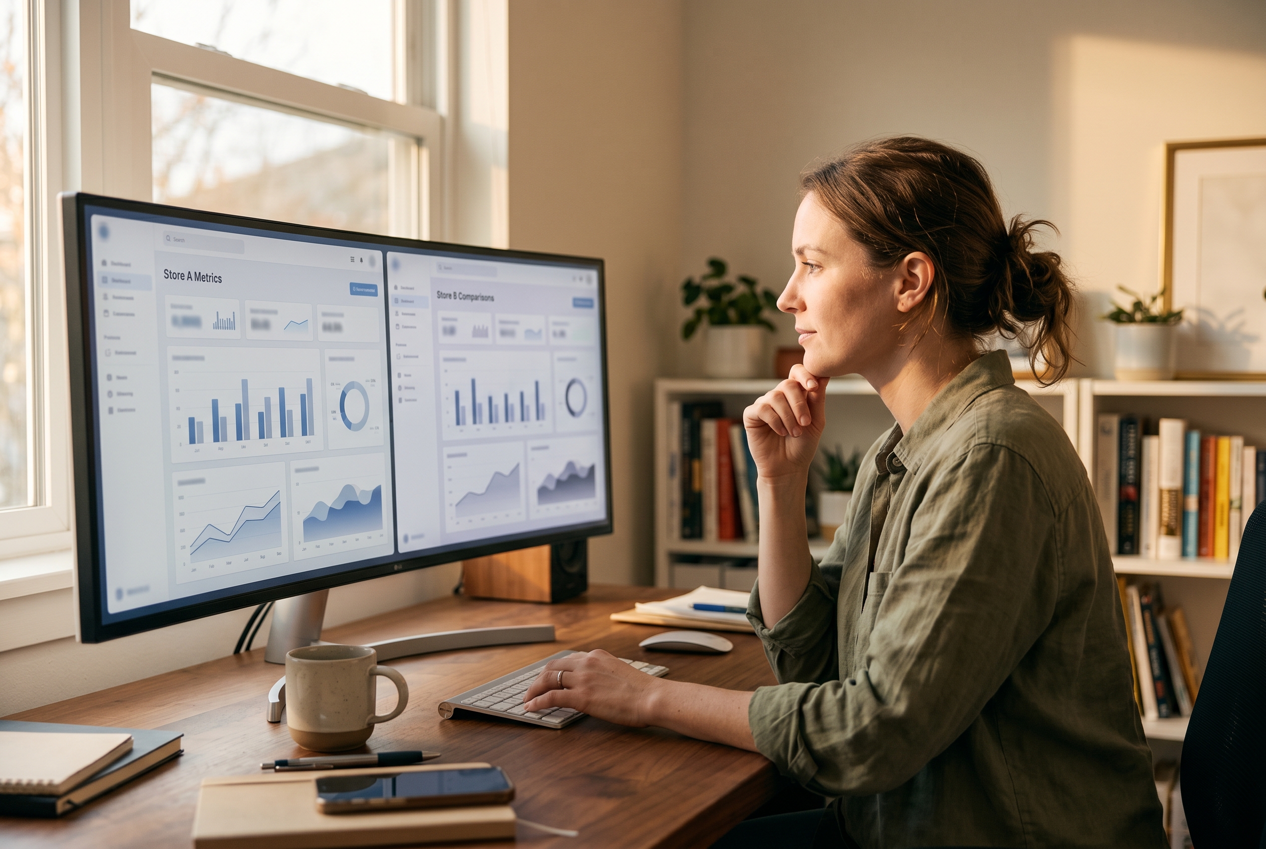 Founder comparing two store dashboards side by side on a wide monitor in a sunlit home office at golden hour