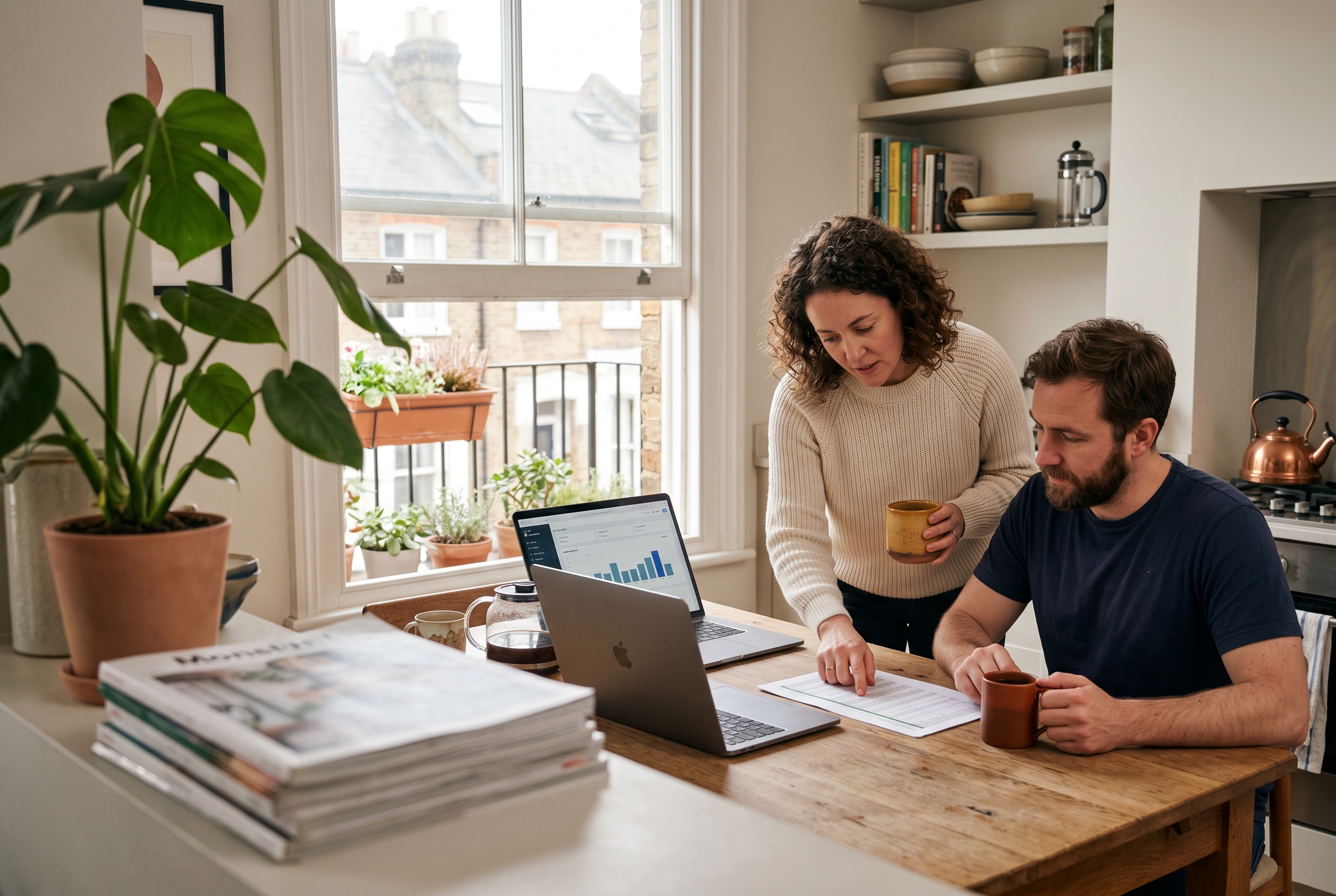 Two people at a kitchen table reviewing a printed cost spreadsheet and a laptop while drinking coffee in the morning