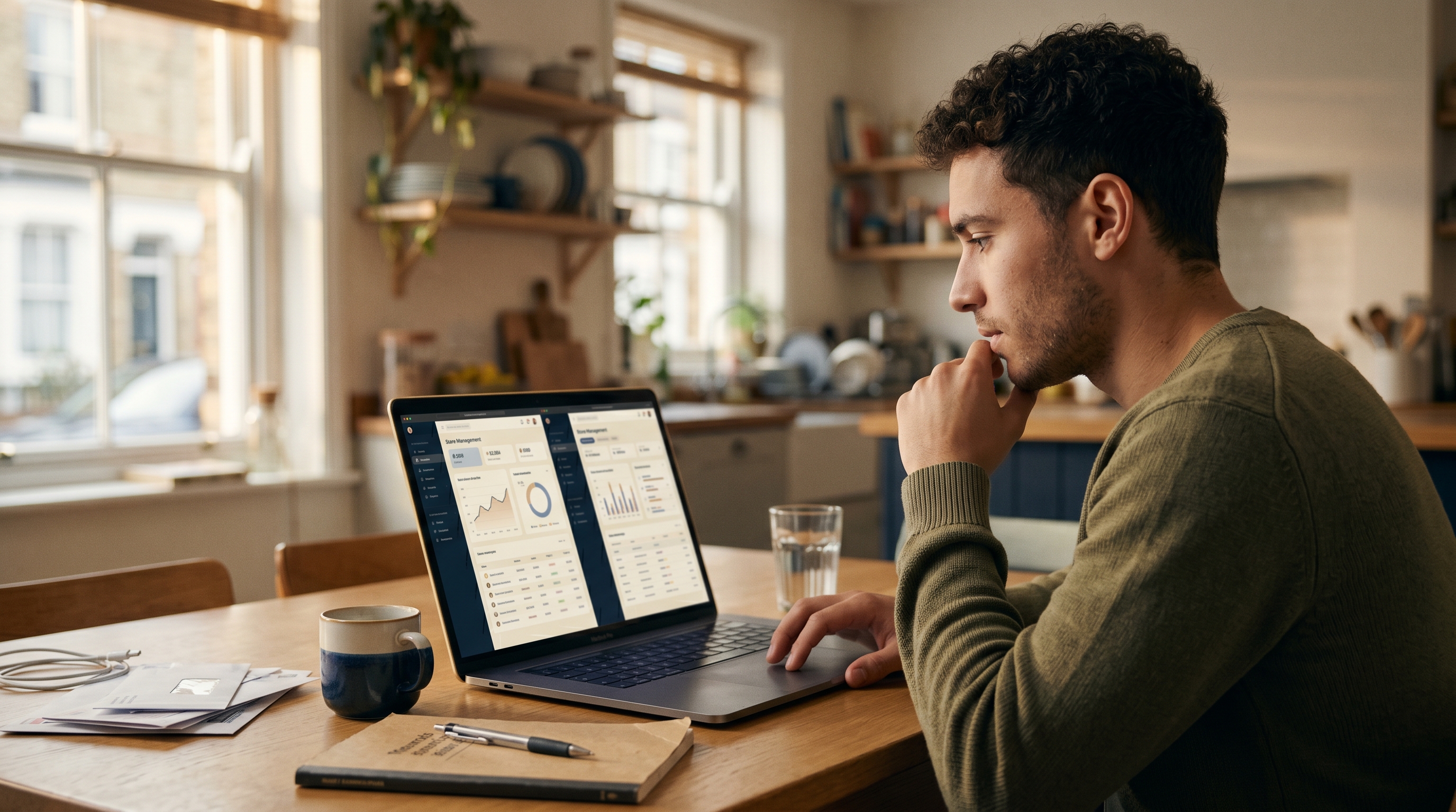 Young entrepreneur comparing two store dashboards on a laptop at a kitchen table with coffee and a notebook