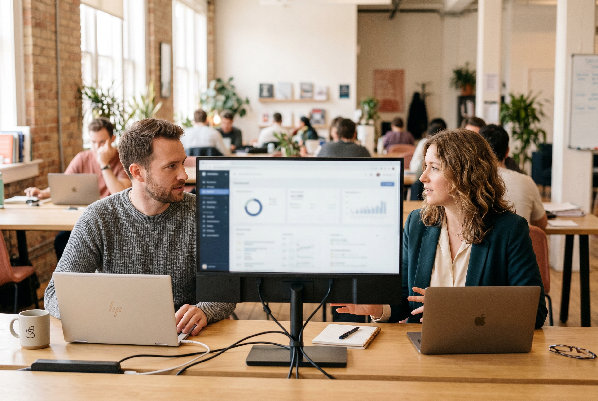 Two founders reviewing pricing spreadsheets side by side on a wide monitor in a bright co-working space
