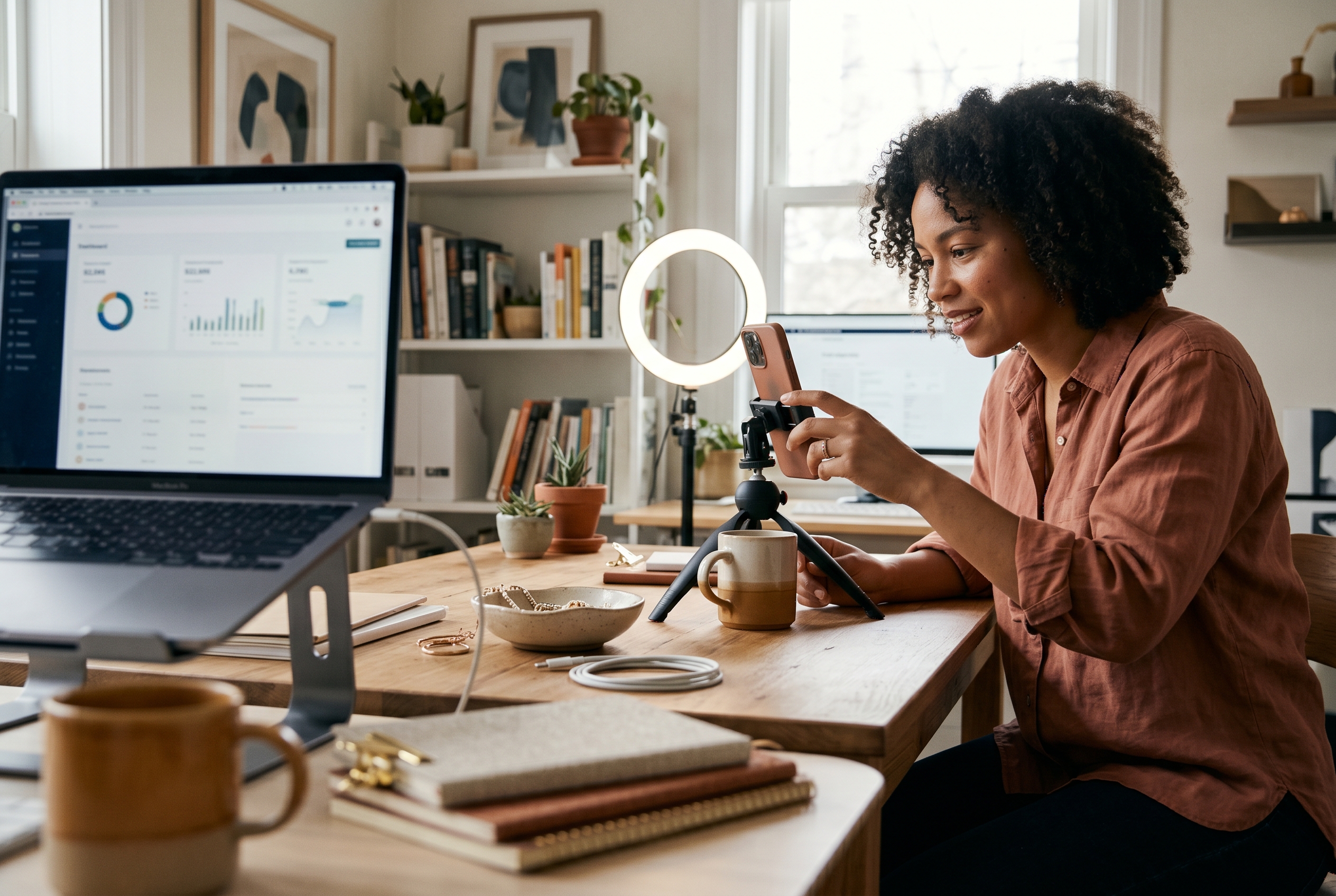 Small business owner photographing a product on a wooden desk with a ring light and phone on a tripod