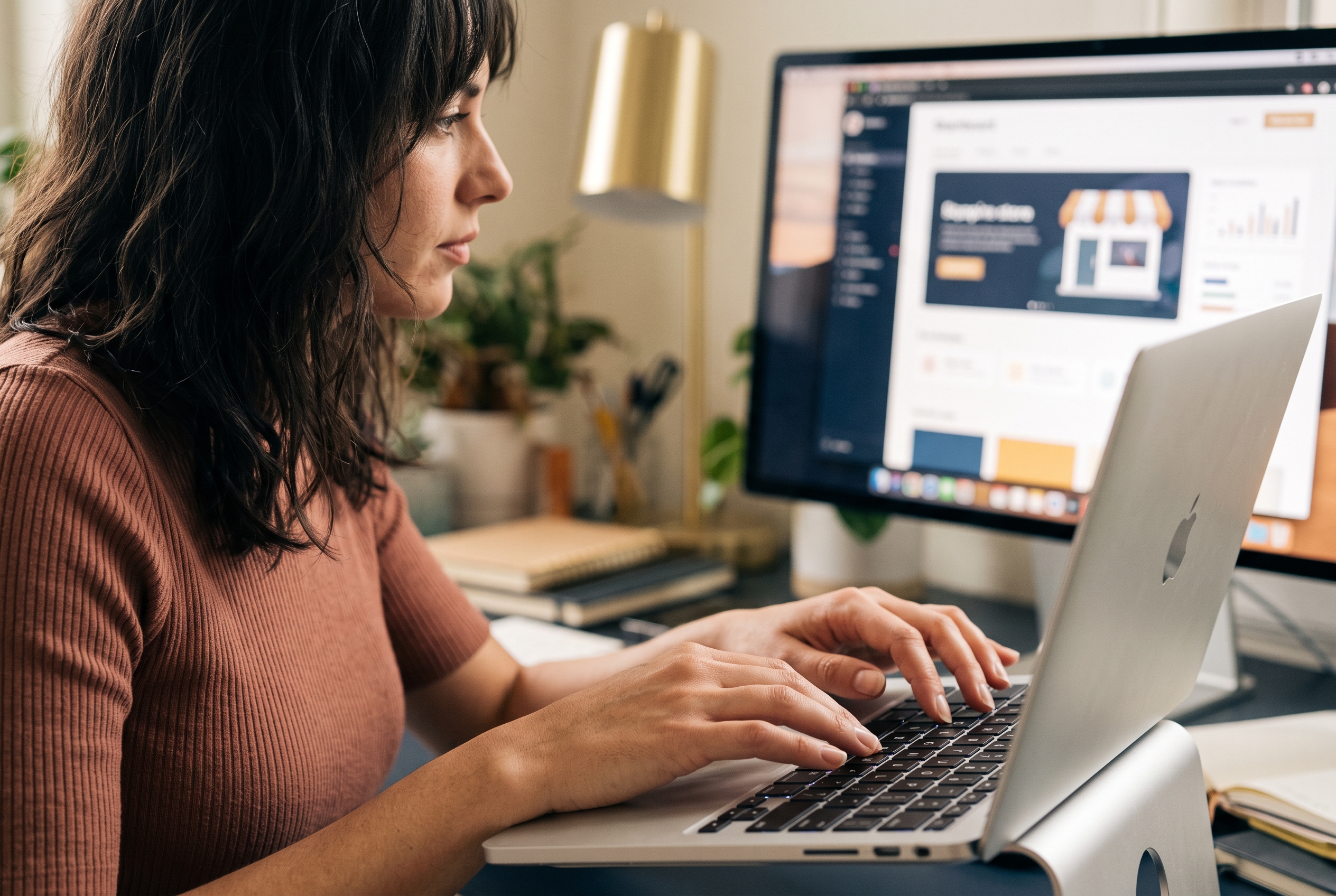 Founder typing a description of her store into a laptop while a finished storefront appears on a second screen