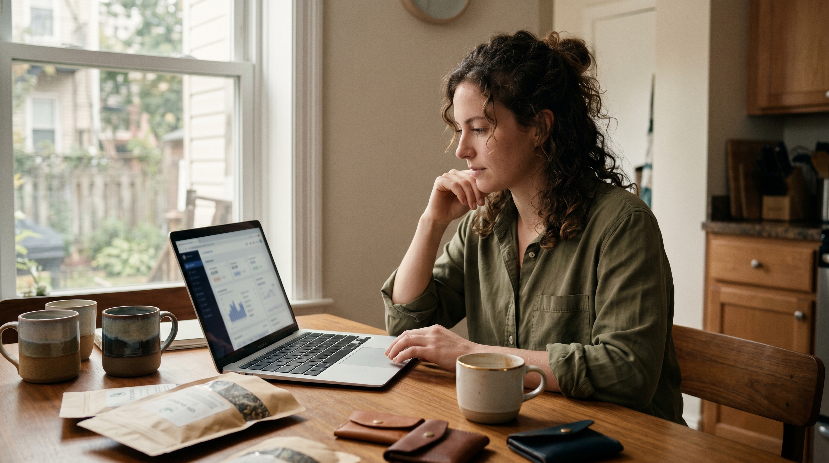First-time founder setting up an online store on a laptop at a kitchen table with product samples and a coffee mug nearby