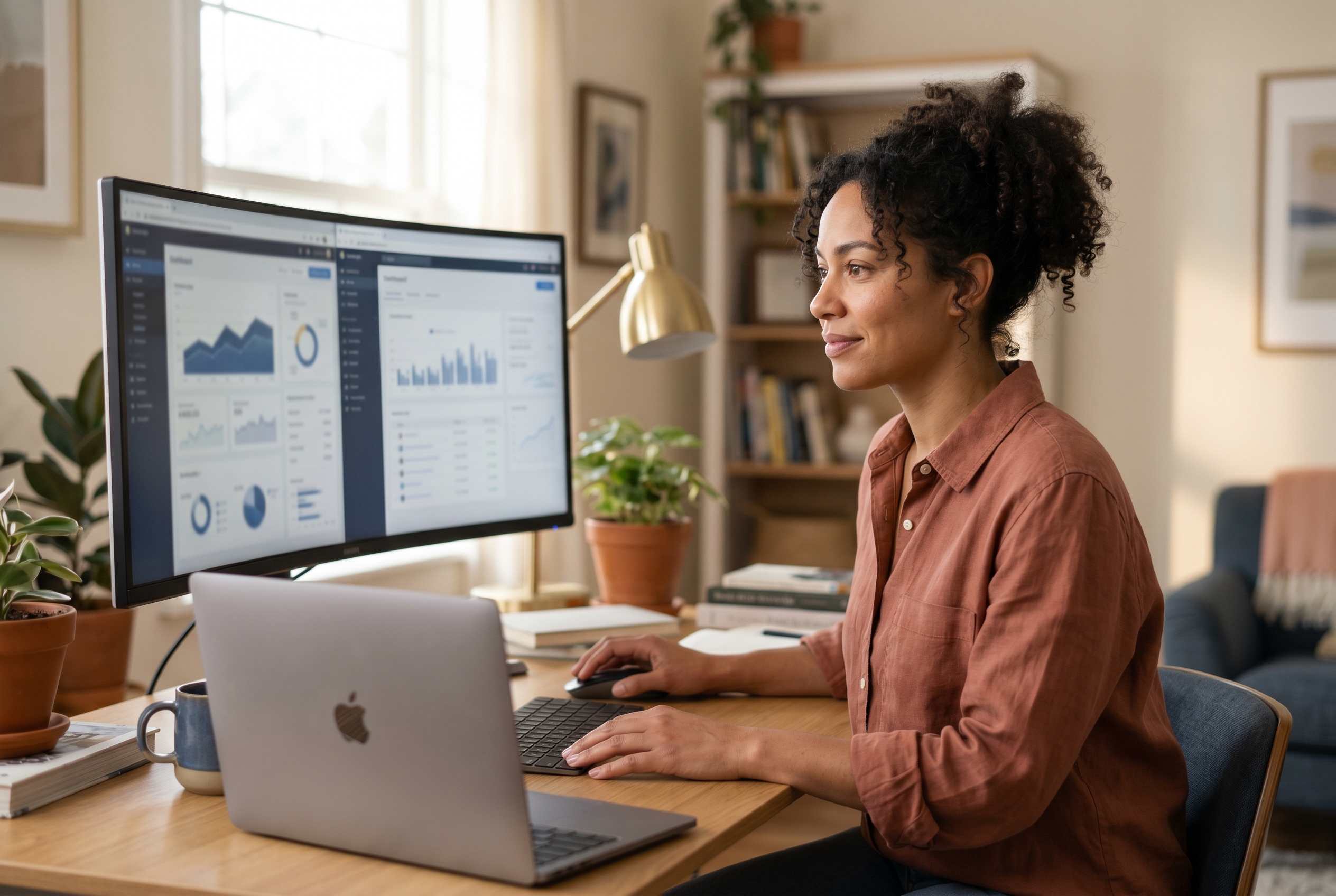 Small business owner comparing two store builder dashboards on a wide monitor in a bright home office in the morning