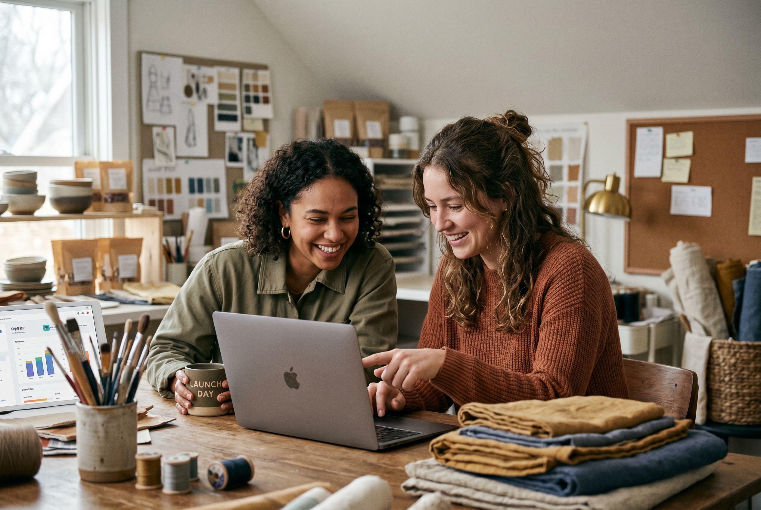 Two friends launching their first online shop together, pointing at a laptop screen and smiling in a cozy studio space