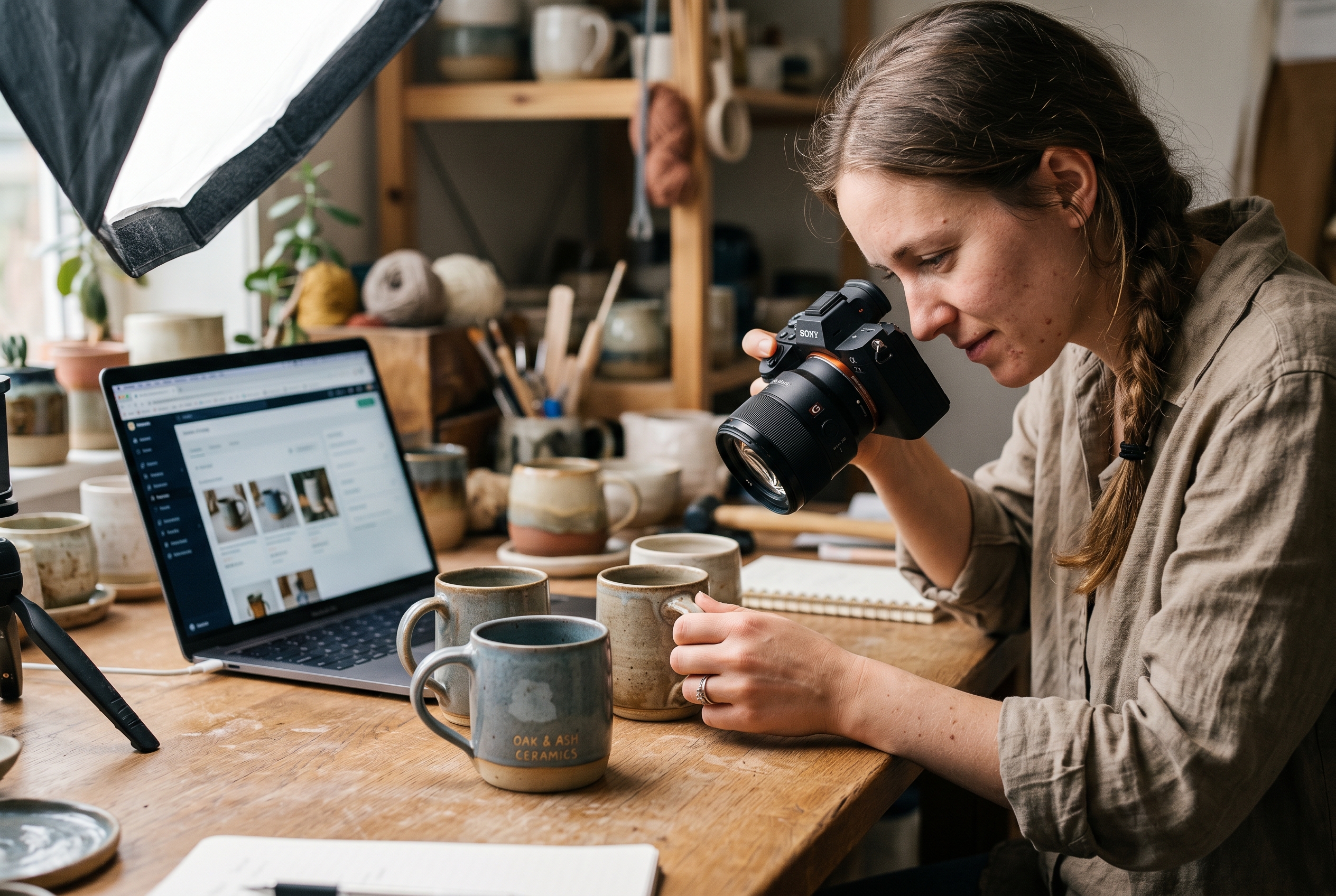 Maker photographing handmade ceramic mugs on a wooden table under a softbox light, ready to list them for sale online