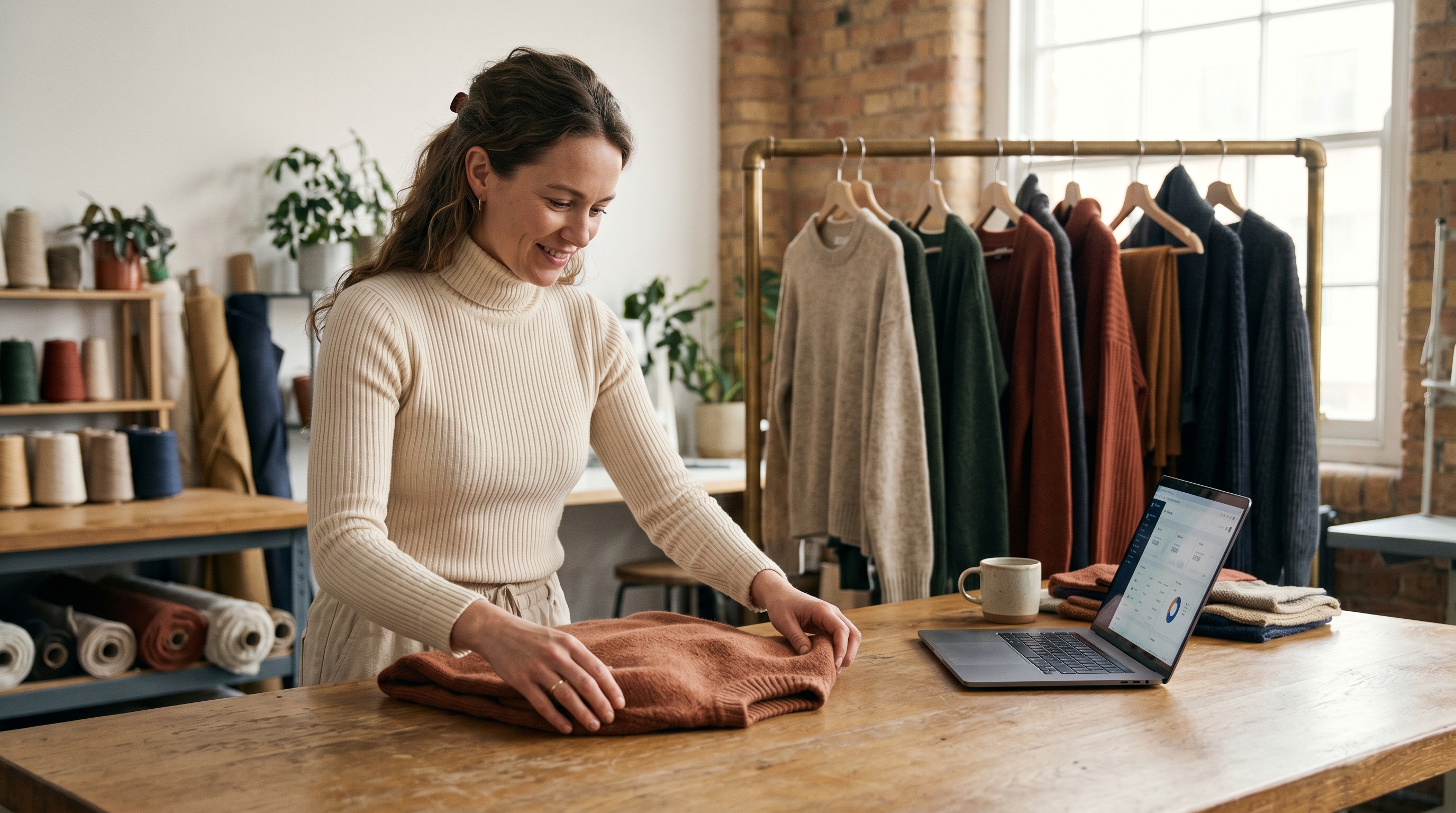 Fashion brand founder folding knitwear next to a laptop and a rack of clothing in a bright studio