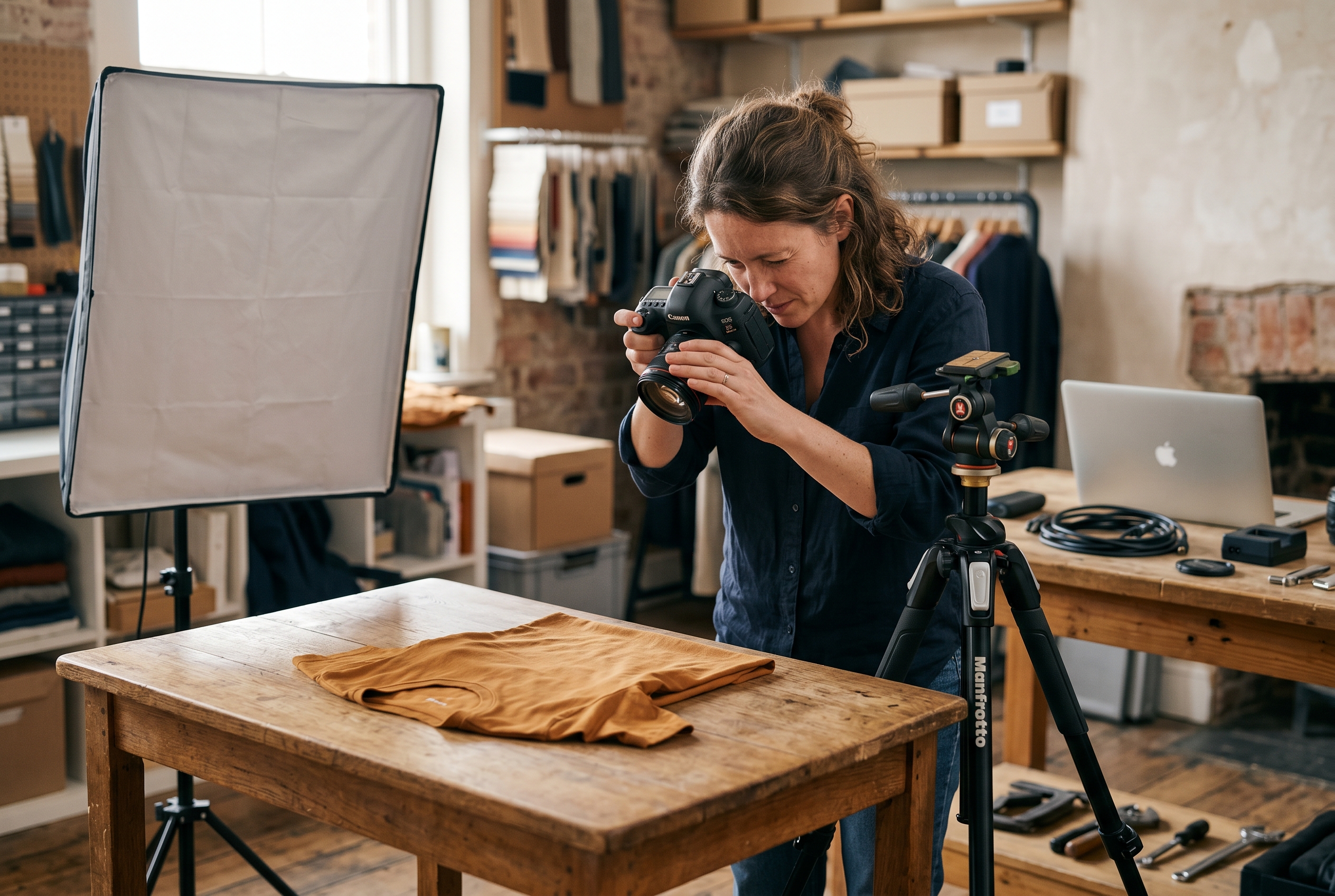 Small business owner photographing a folded shirt on a wooden table with a softbox light and a camera on a tripod