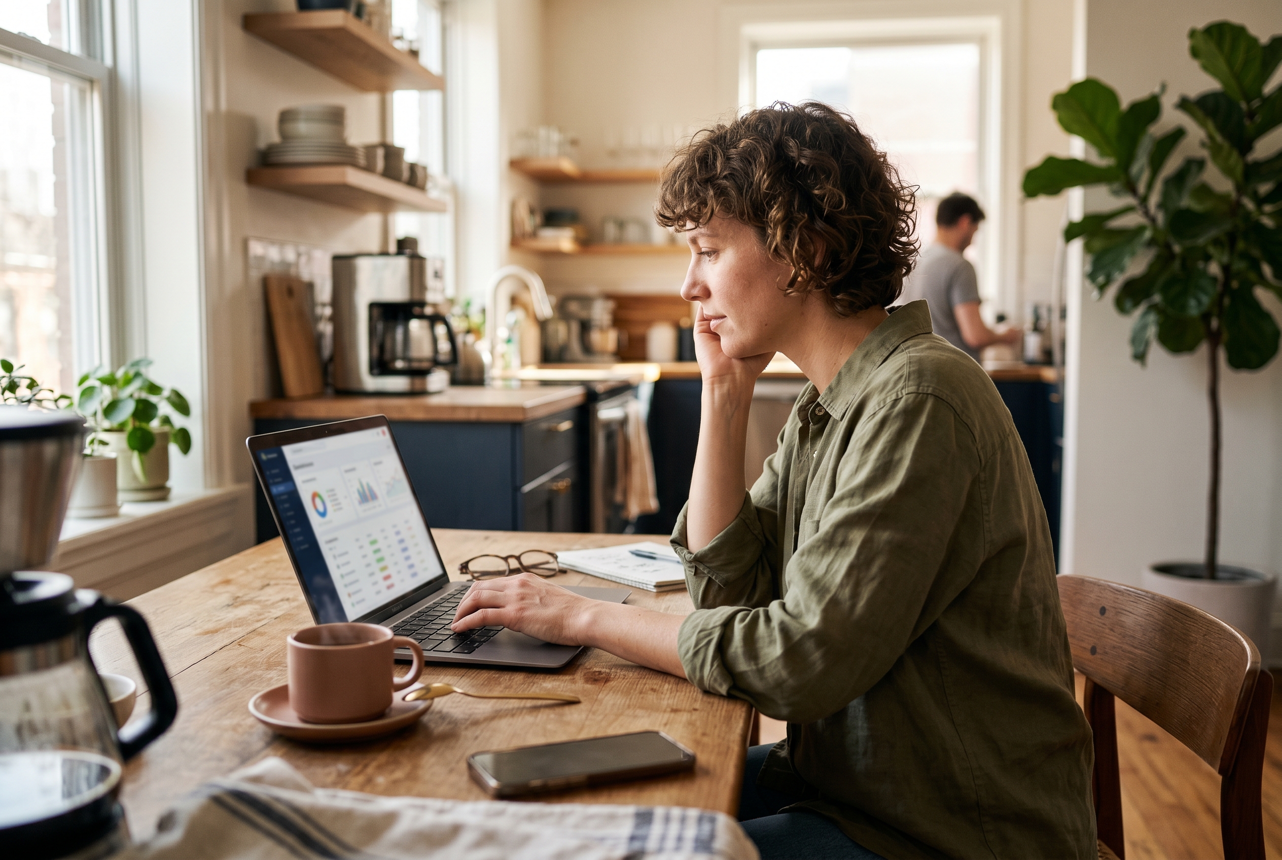 Founder reviewing spreadsheets and platform pricing on a laptop at a kitchen table with morning coffee