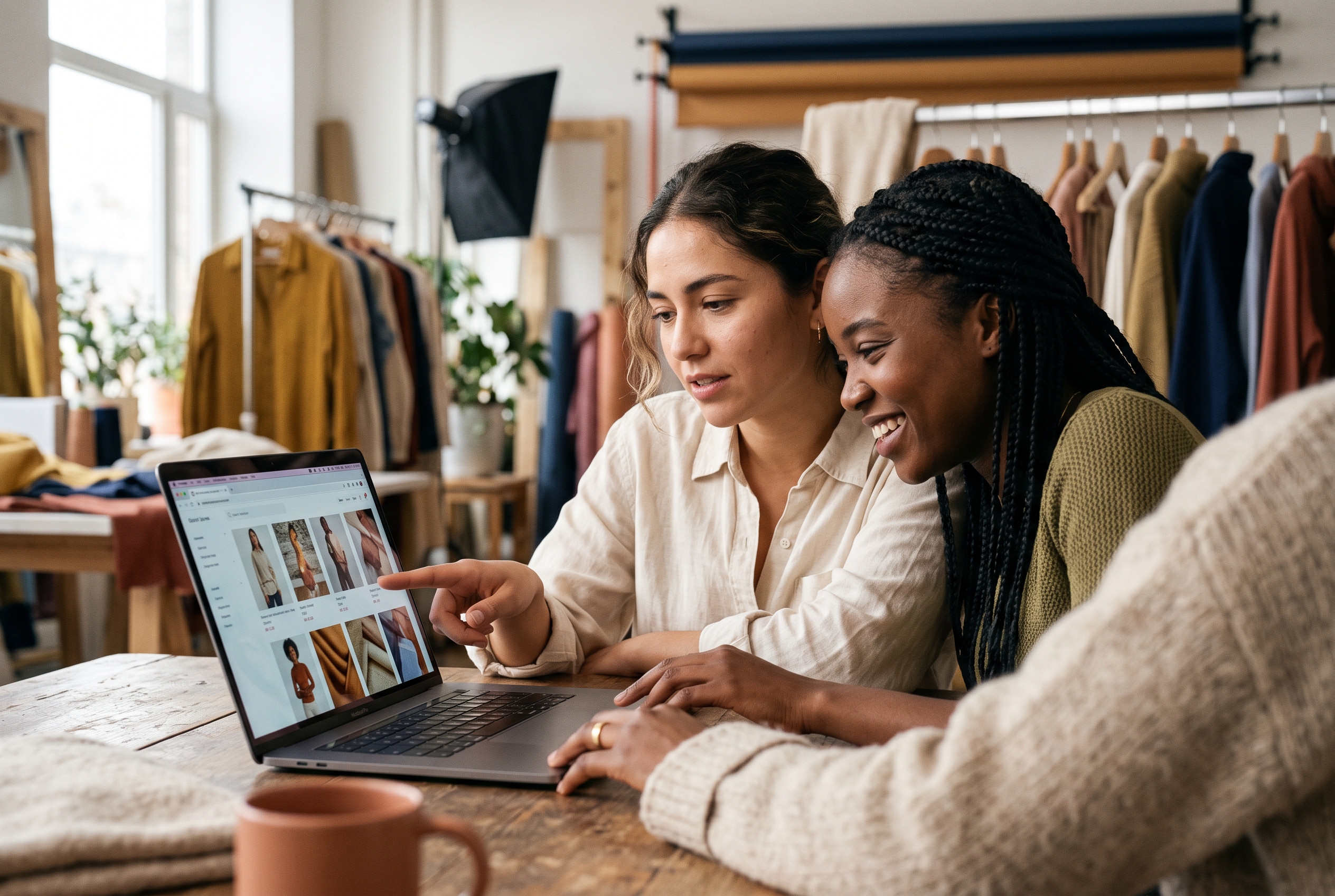 Two people reviewing a new online clothing store on a laptop together in a sunlit studio with garment racks behind them