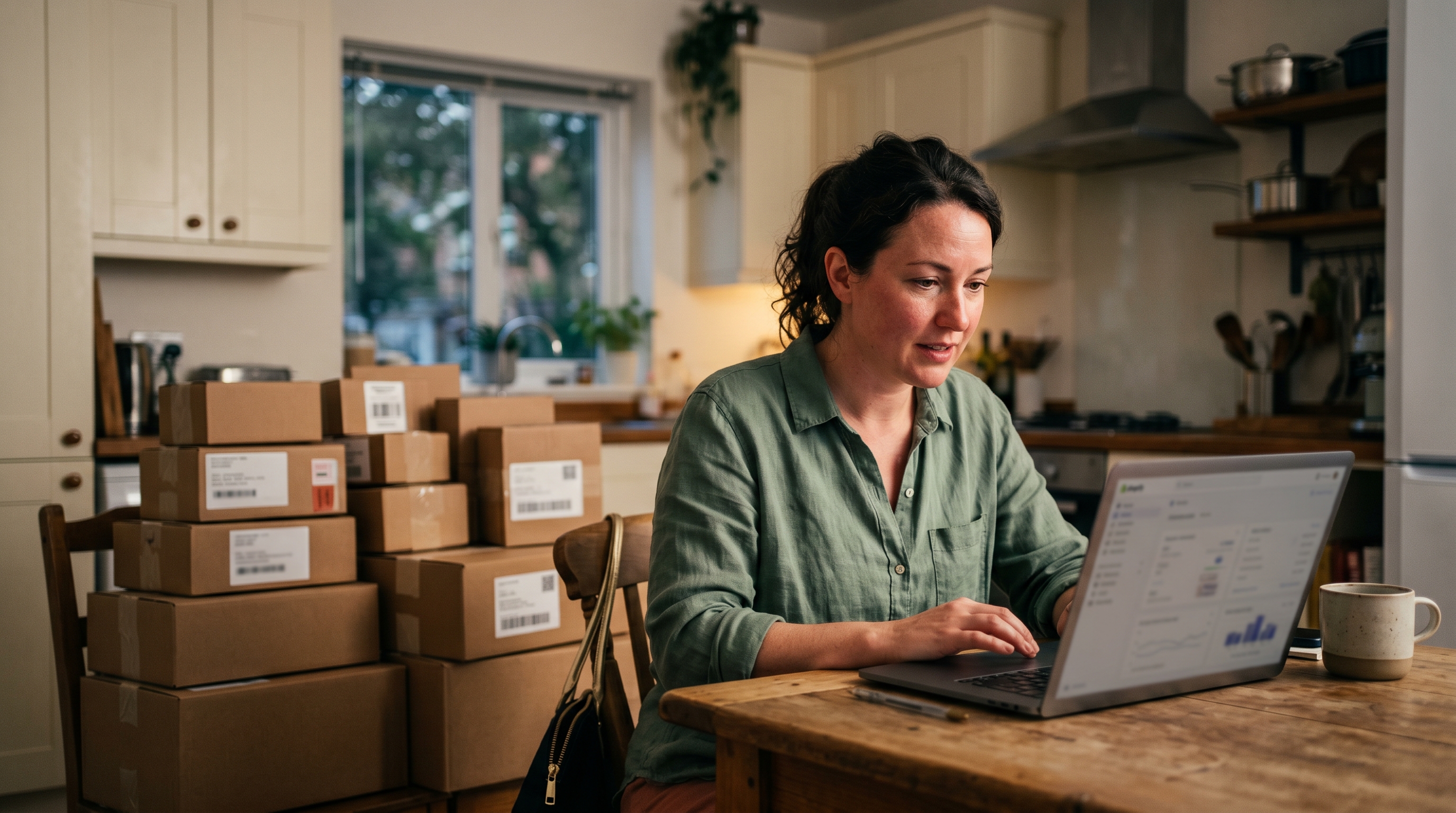 Small business owner sitting at a kitchen table launching an online store on a laptop with packages stacked beside her