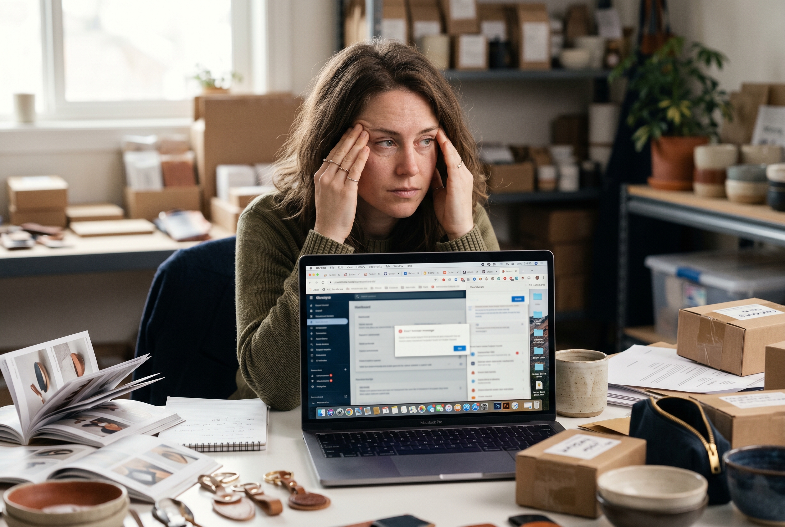 Frustrated shop owner surrounded by browser tabs of plugins apps and error messages while trying to fix a website