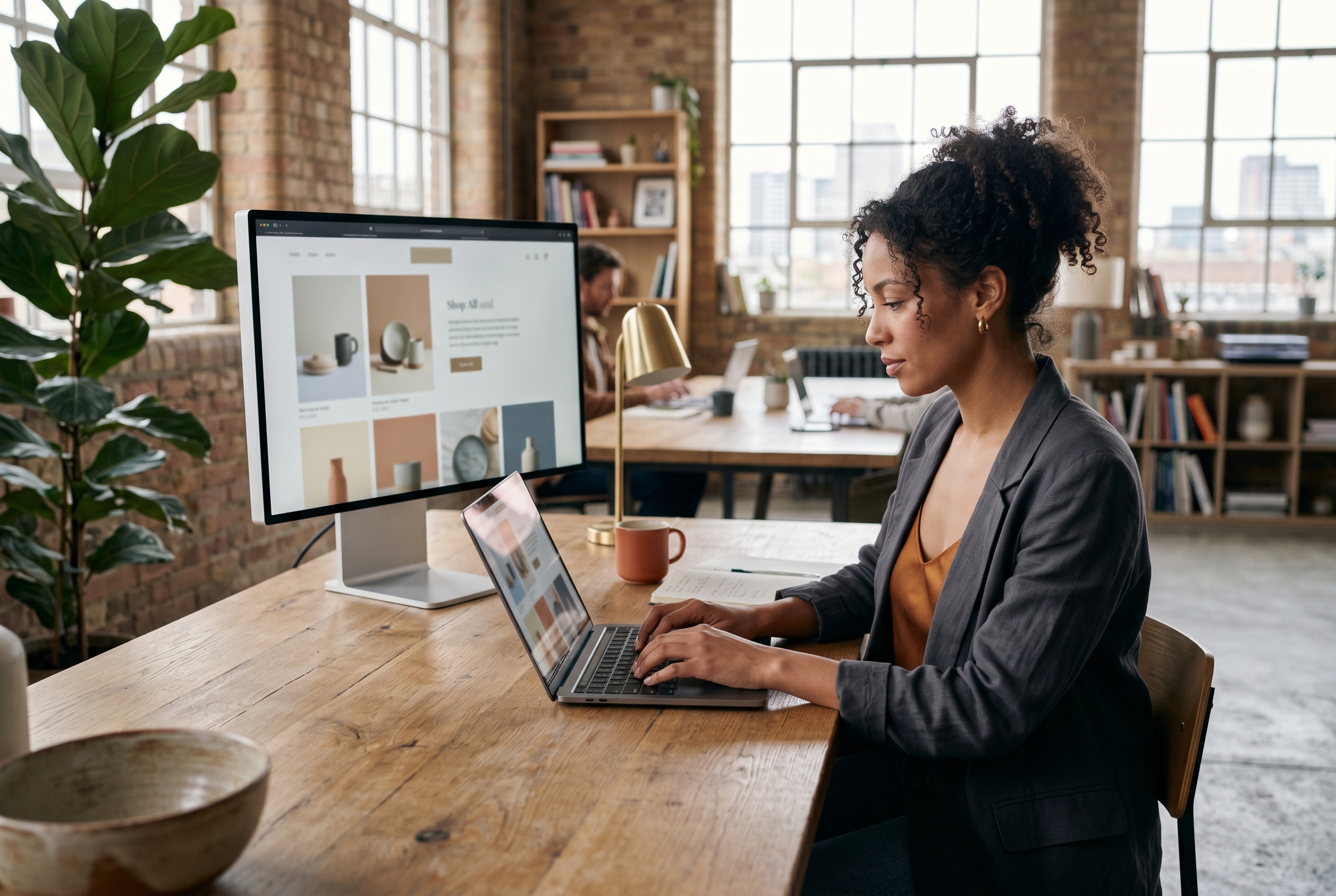 Entrepreneur typing a description of her business into a screen as a complete online store with products and checkout appears beside her