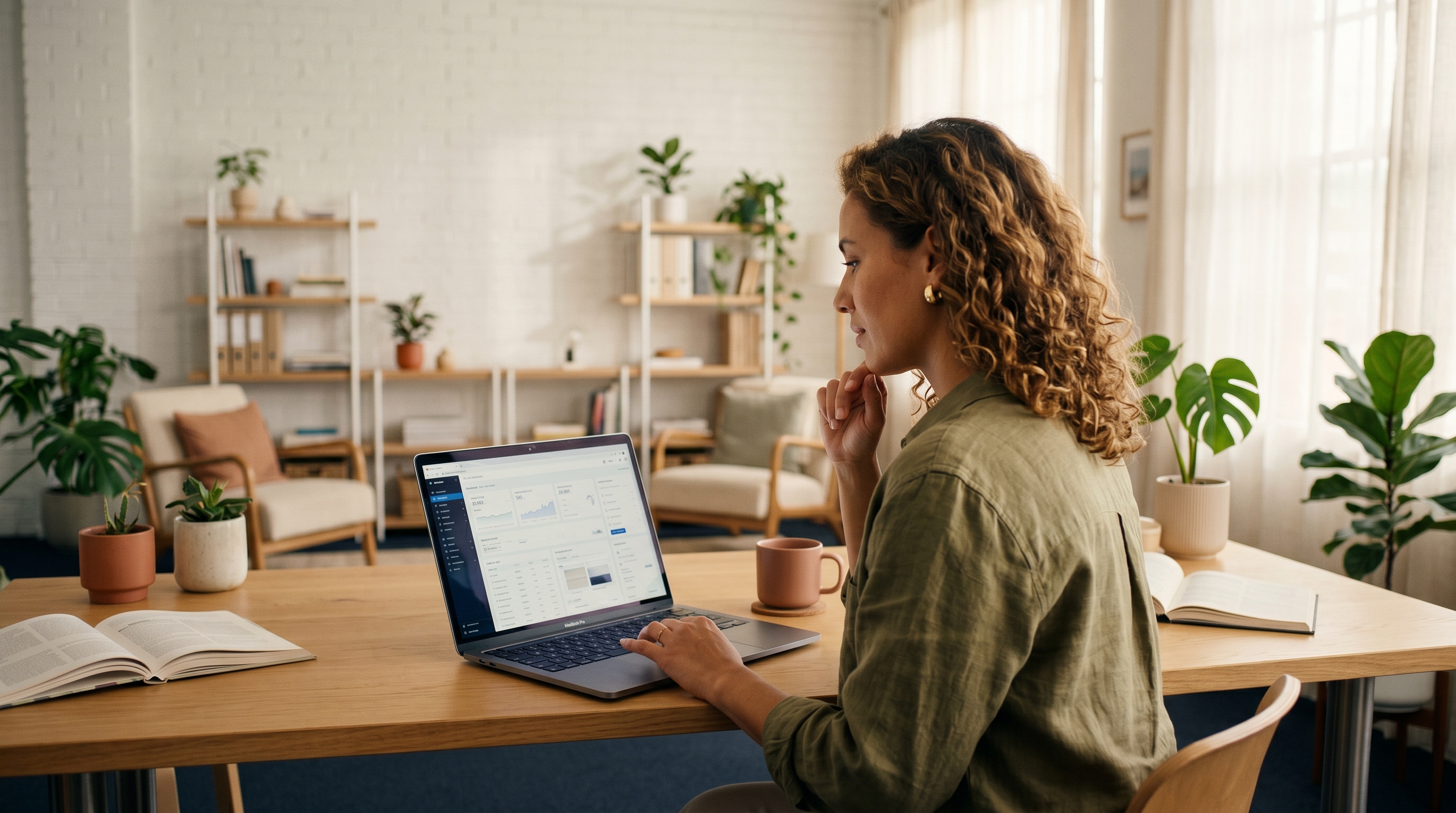 Entrepreneur browsing multiple online store builder dashboards on a laptop in a bright home office