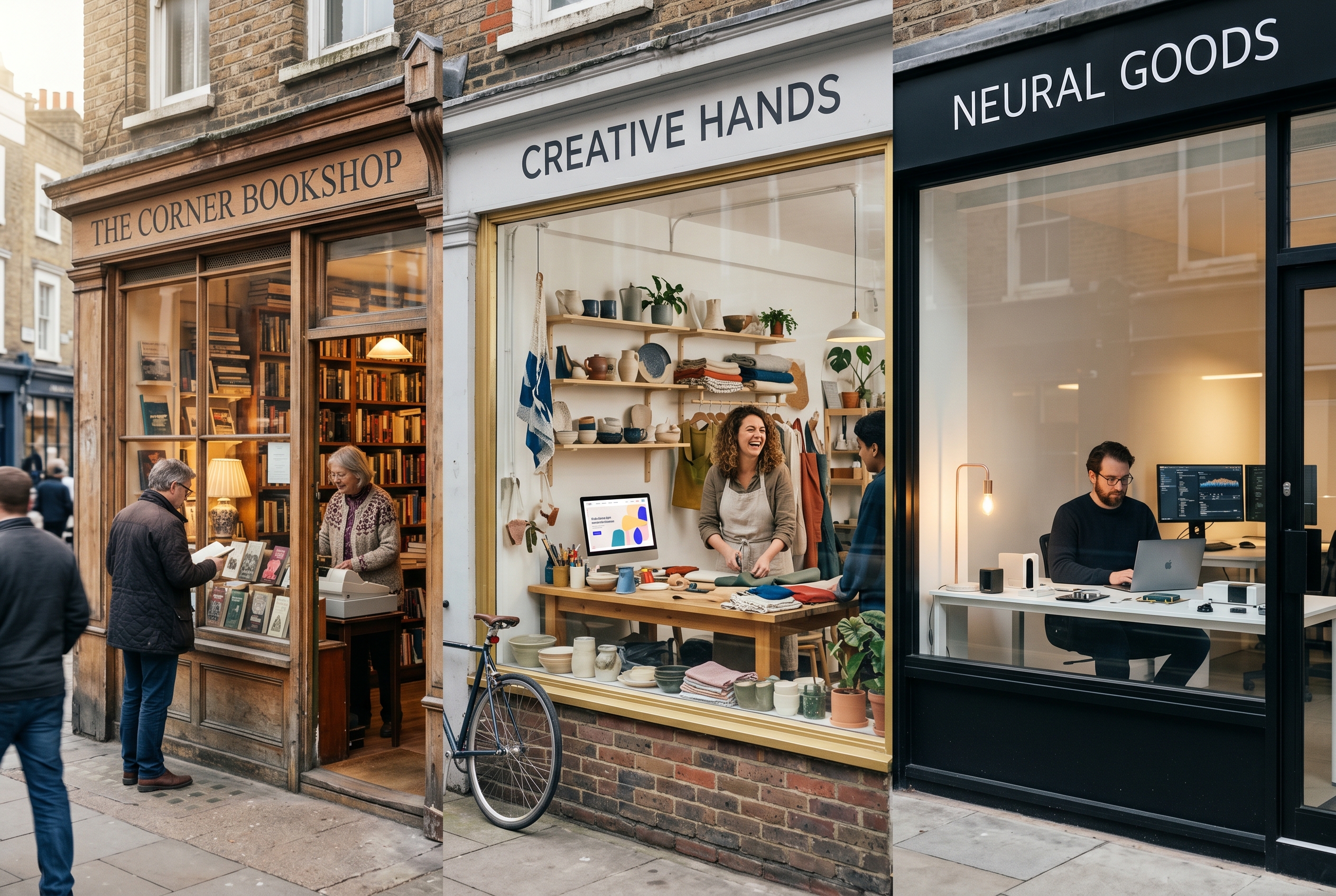 Three distinct storefronts side by side representing traditional, DIY, and AI-powered online store options