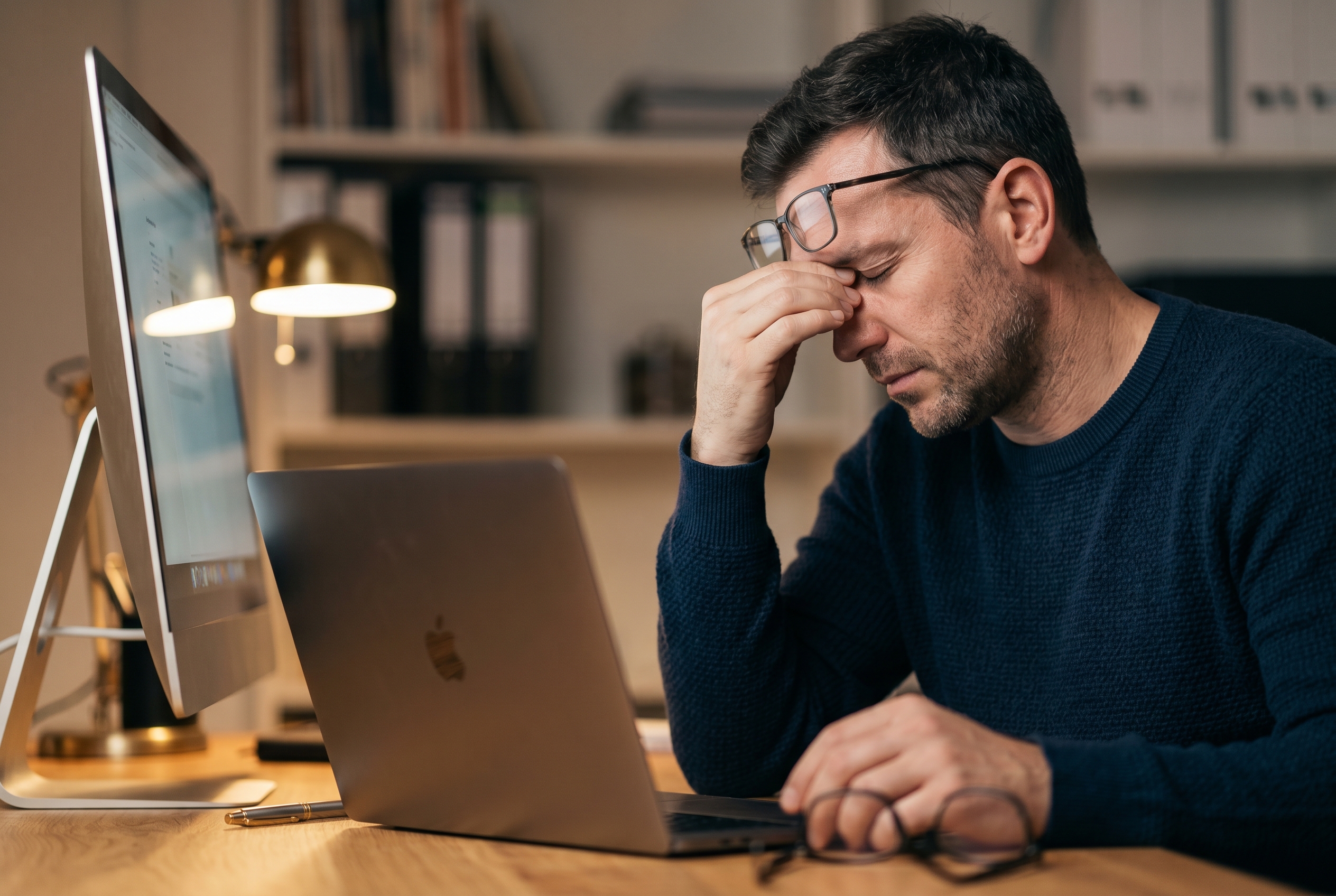 Frustrated business owner surrounded by browser tabs showing plugin conflicts and error messages on their screen