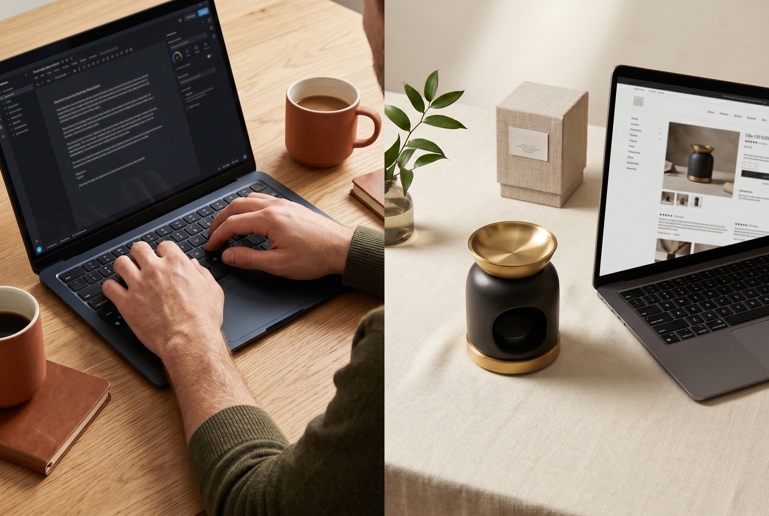 Split screen showing a business description being typed on one side and a complete online store appearing on the other