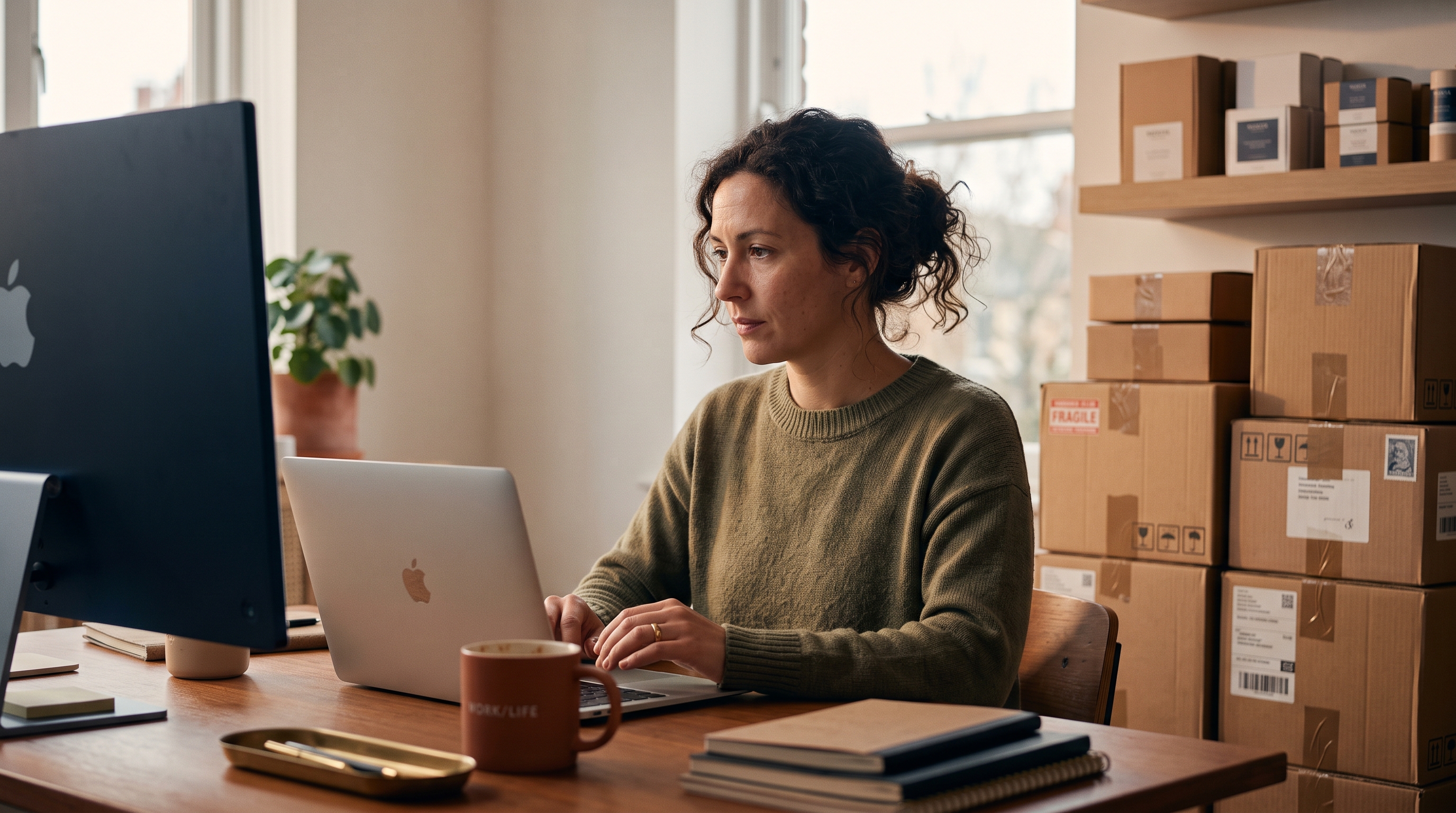 Online store owner checking international orders and payouts on a laptop at a desk beside packed parcels